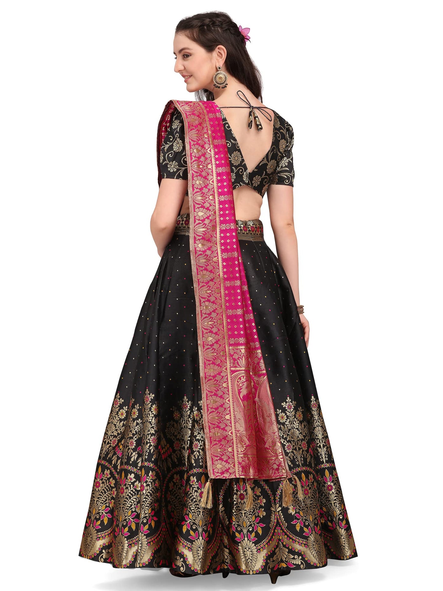 PURVAJA Women's Jacquard Semi-Stitched Lehenga choli (Arambh-Black_Black_Free Size)