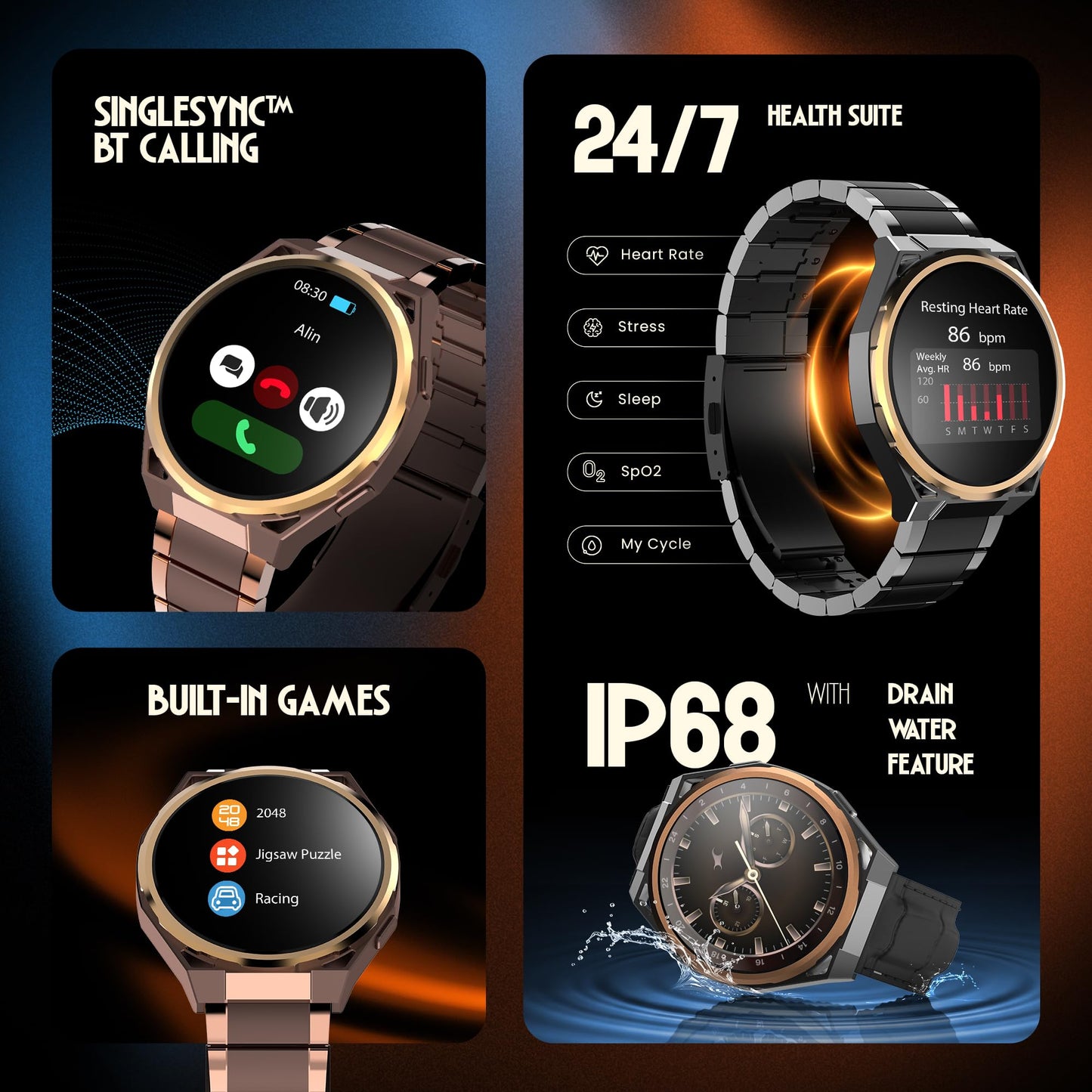 Fastrack Marvellous FX3 Smartwatch with 1.43” AMOLED Display, Metal Case & Strap, Slim 10.4mm Design, AI Watchfaces, BT Calling, HRM, SpO2 & Sleep Tracking, IP68, Additional Silicone Strap - Brown