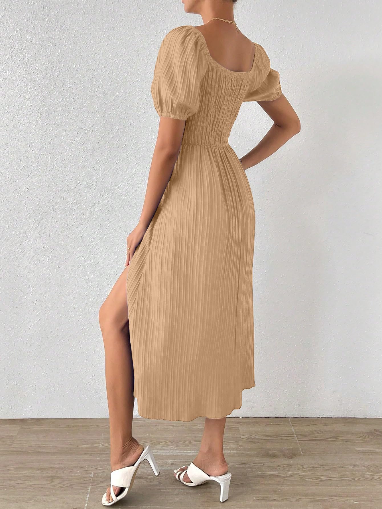 Shasmi Women's & Girl's Beige Tie Front Split Thigh Milkmaid Maxi Dress – Square Neck Puff Sleeve A-Line Long Dress, Elegant Casual & Parties Wear for Ledies (Dress 245 Beige-L)