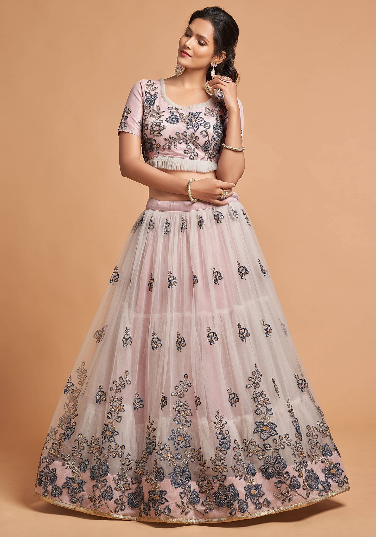 Zeel Clothing Women's Net Embroidered Semi-Stitched New Bridal Lehenga Choli with Dupatta (7307-Grey-Wedding-Girlish-Latest-Lehenga; Free Size)