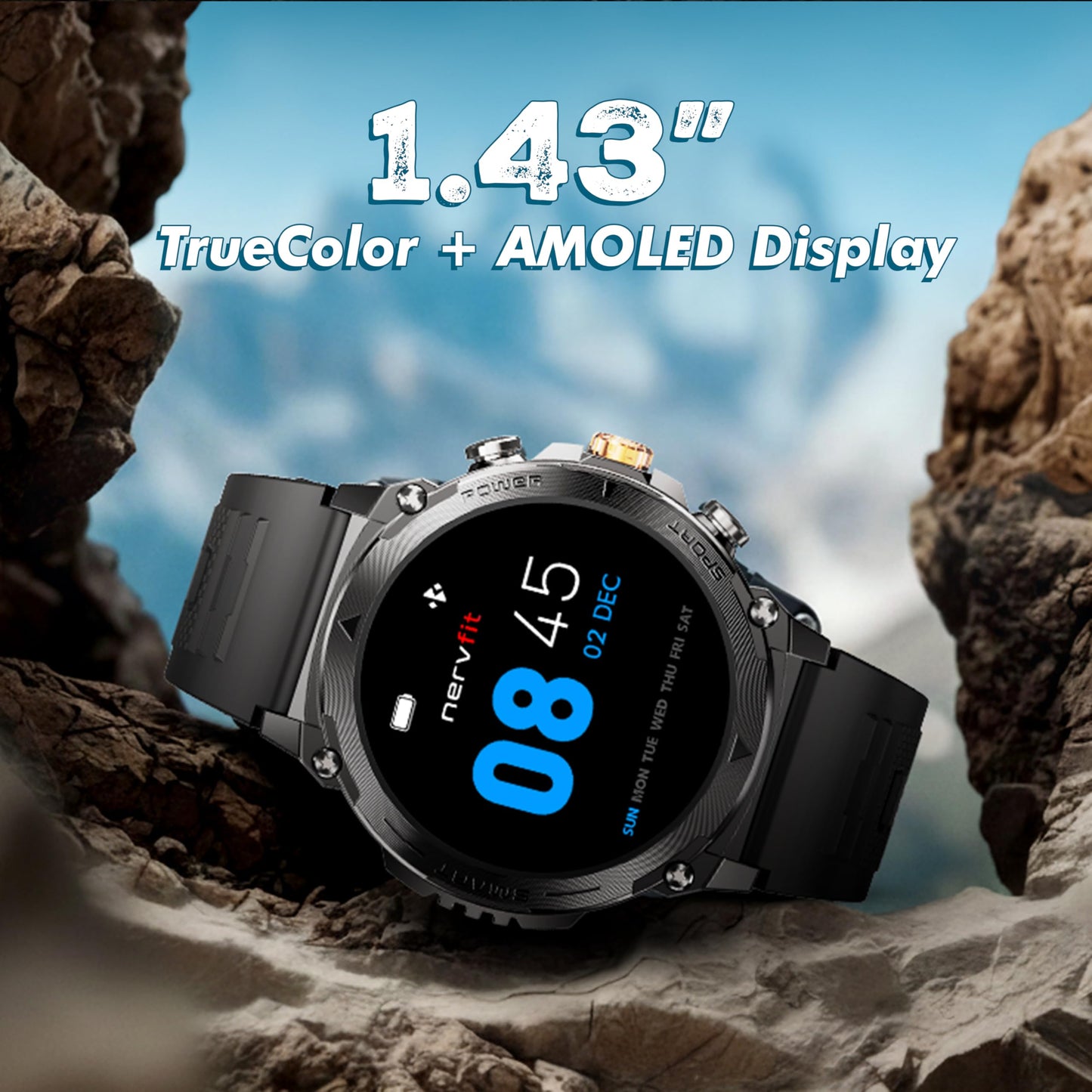 Nervfit Kinetic Pro2 Sports Smart Watch | 1.43'' TrueColor+ Super AMOLED with Always ON, High-Performance, Adventure Ready, Multi Sports Modes, BT Calling, Heart Rate, SpO2, BP, Music & Camera Control