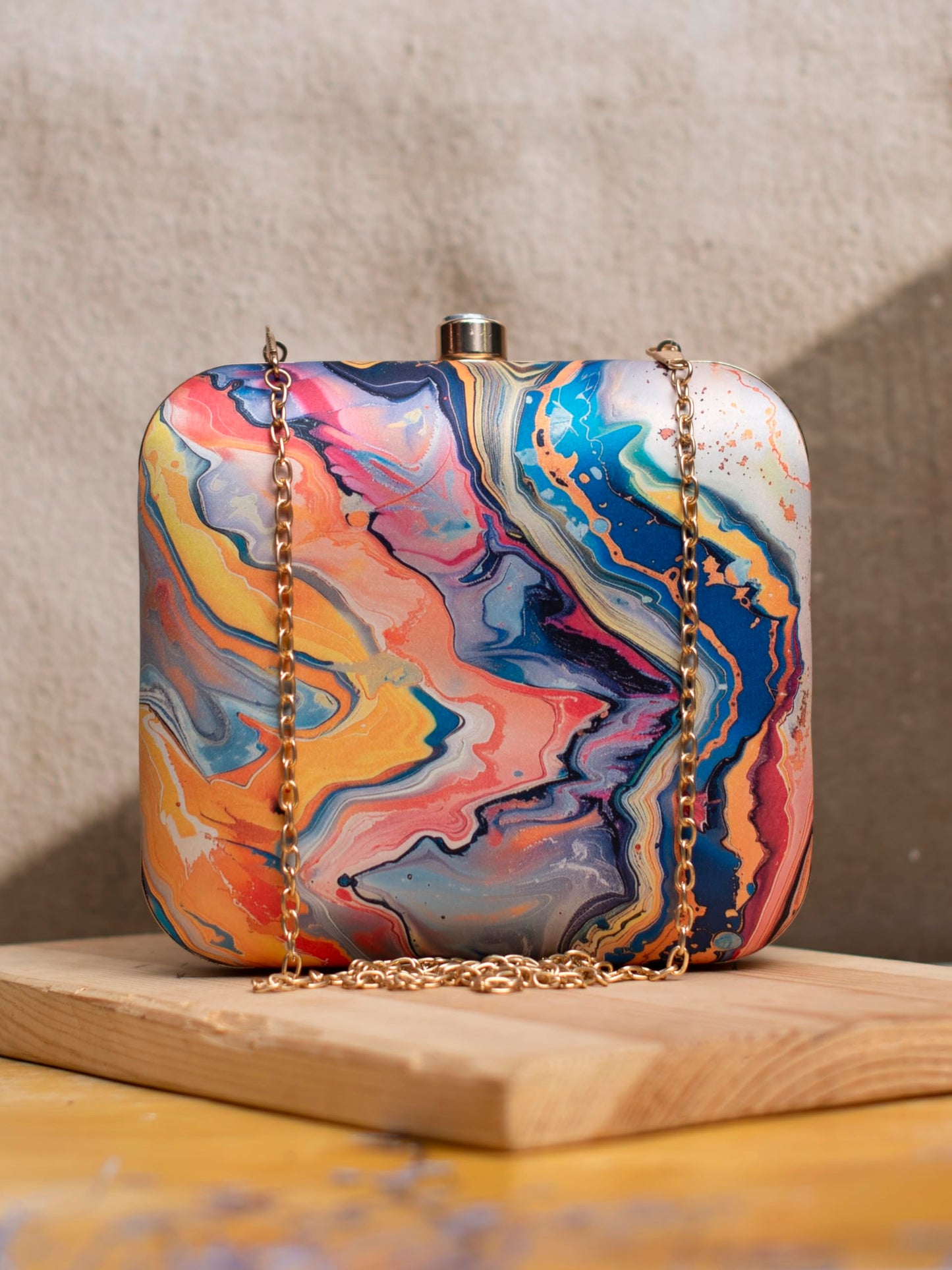Artklim Multicolor Abstract Printed Box Clutch Bag with Detachable Strap Chain - Designer Purse for Navratri & Cultural Functions
