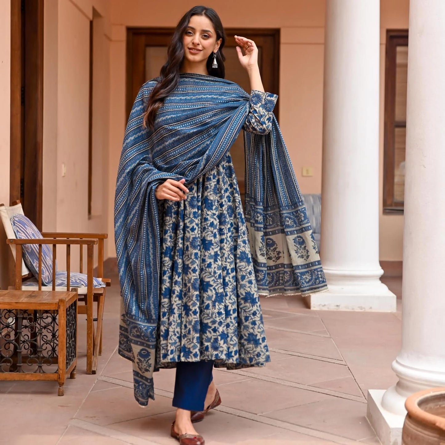 Alvami Viscose Women Printed Anarkali Kurta Pant and Dupatta Set (XL), Blue
