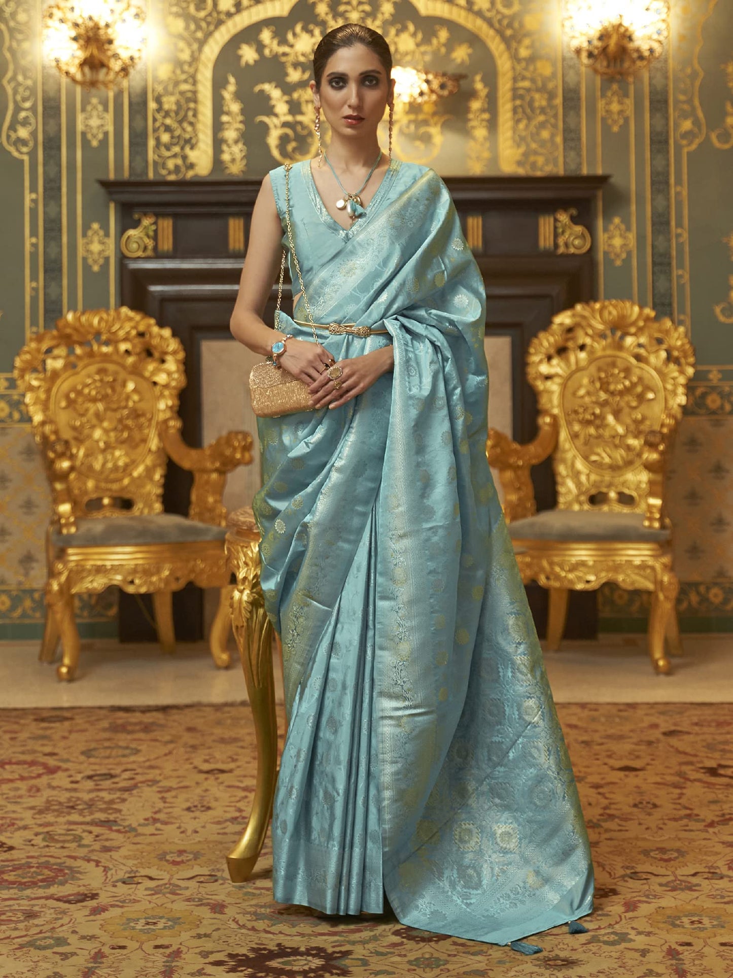 AKHILAM Women's Silk Blend Woven Design Saree With Unstitched Blouse Piece (Blue_KANDNA221005_RJ)