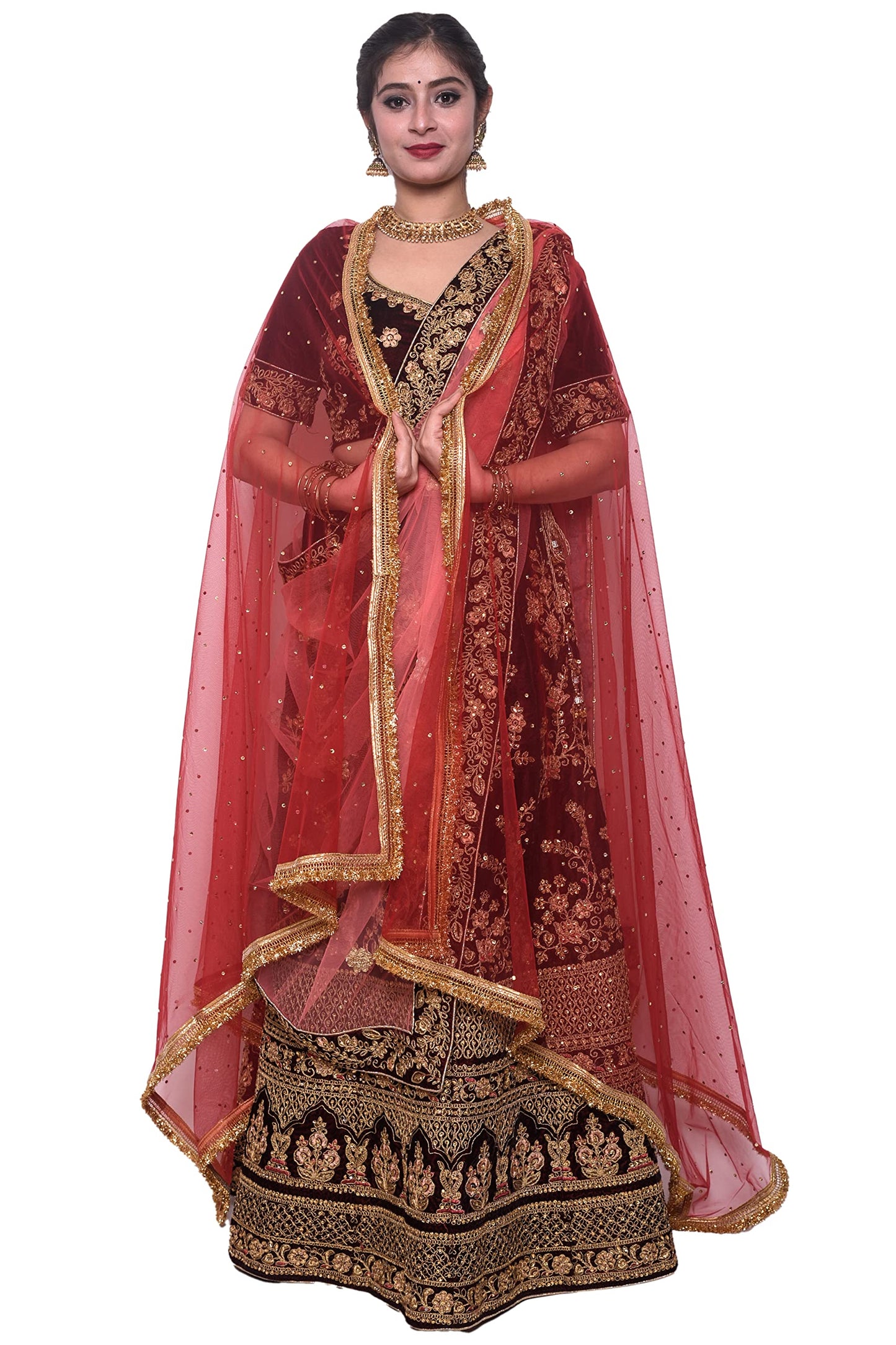 faith visit Women's Self Design Net Dupatta (red-mkda_Red_free size)