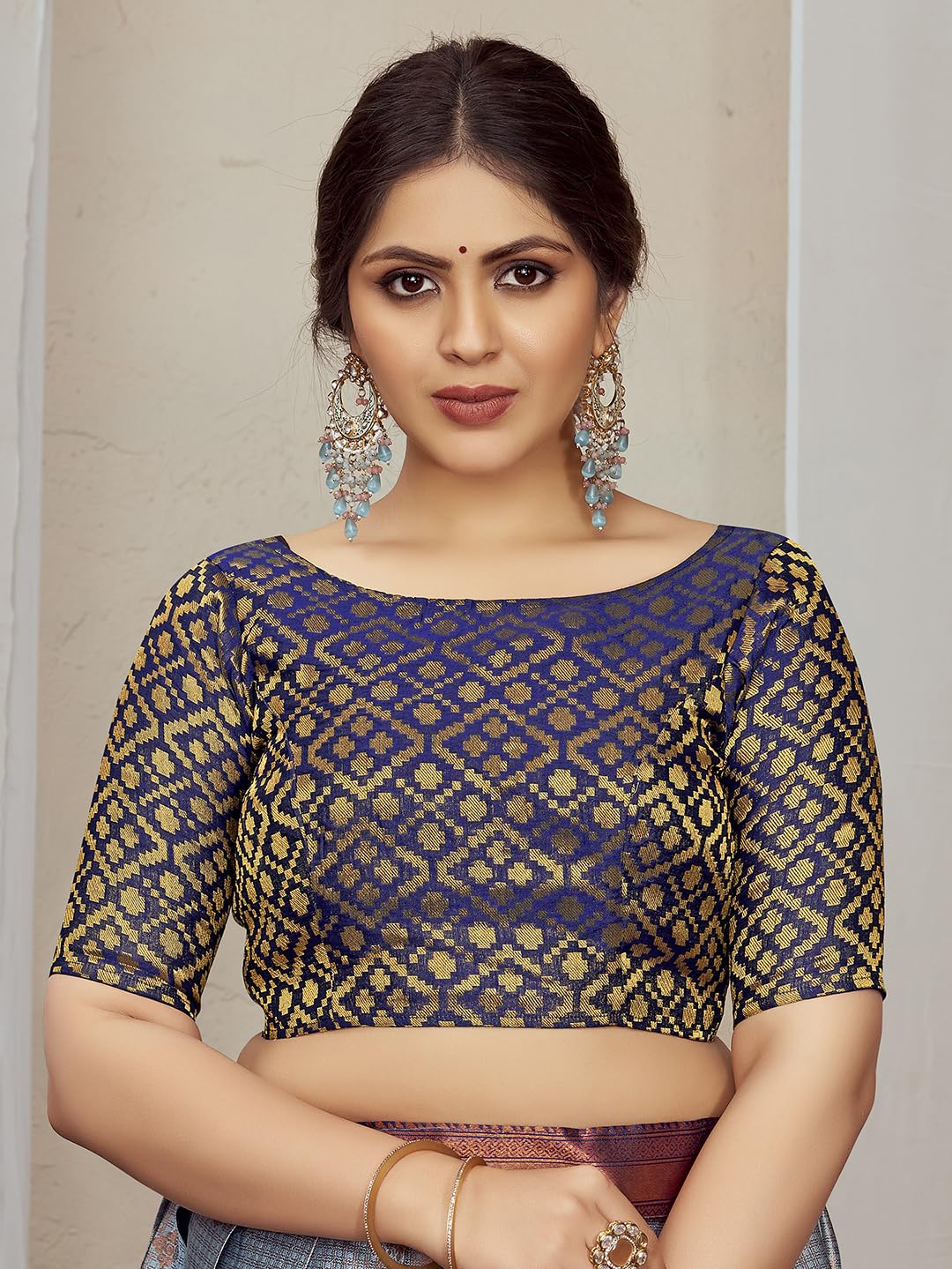 Vardha Brocade Readymade Elbow Length Sleeves Saree Blouse Patola Designs| Boat Neck Blue Blouse