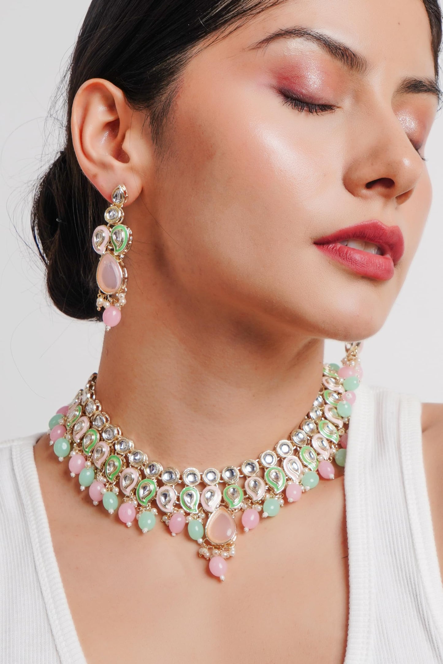 Divisha Fashion Jewelry Set - Indian Earrings, Necklace and Maangtika for Women, Pink Mint