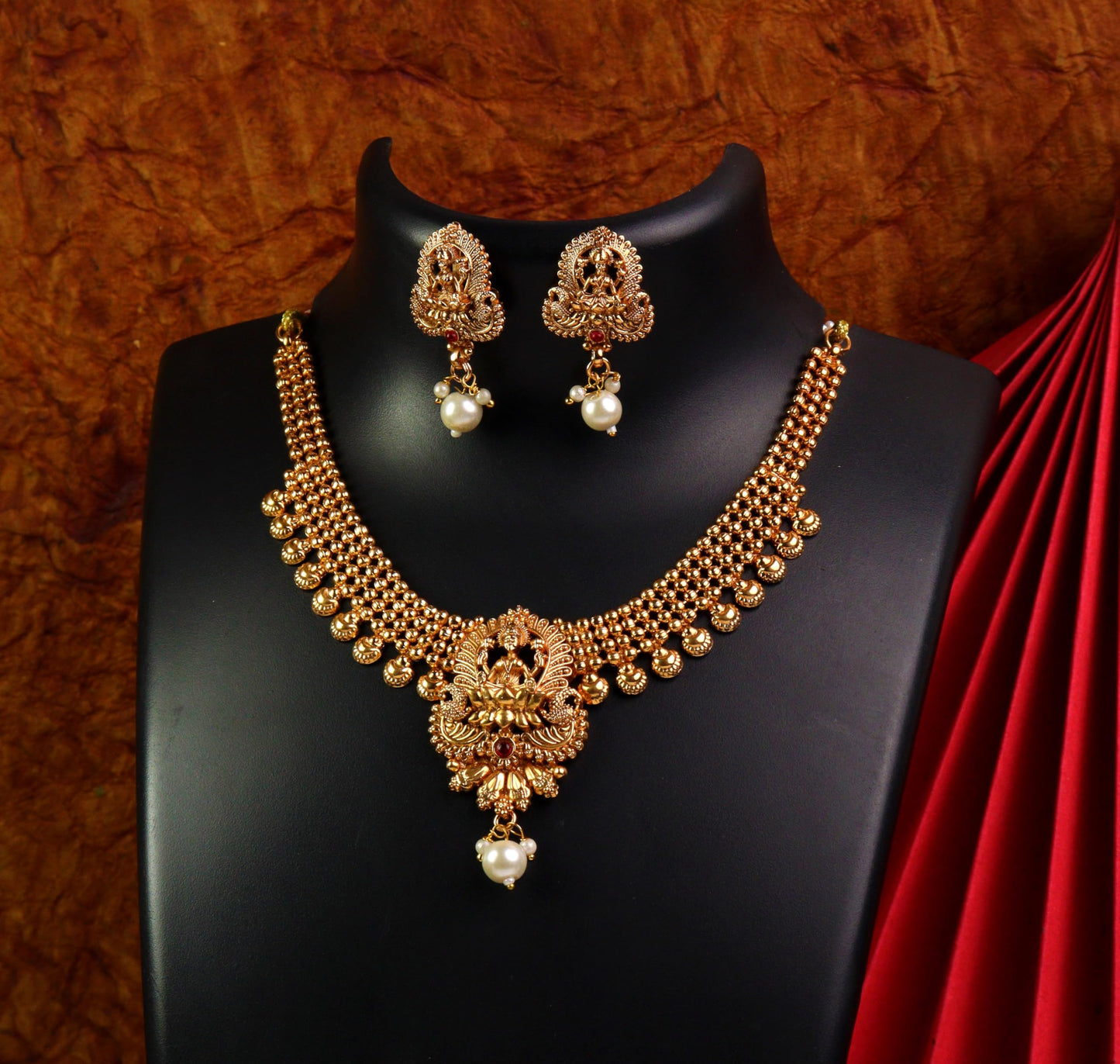 CUTE GOLD Antique Oxidised Plating Necklace With Earring For Women and Girls | Antique Temple Necklace Set for Women & Girls (AN-358)