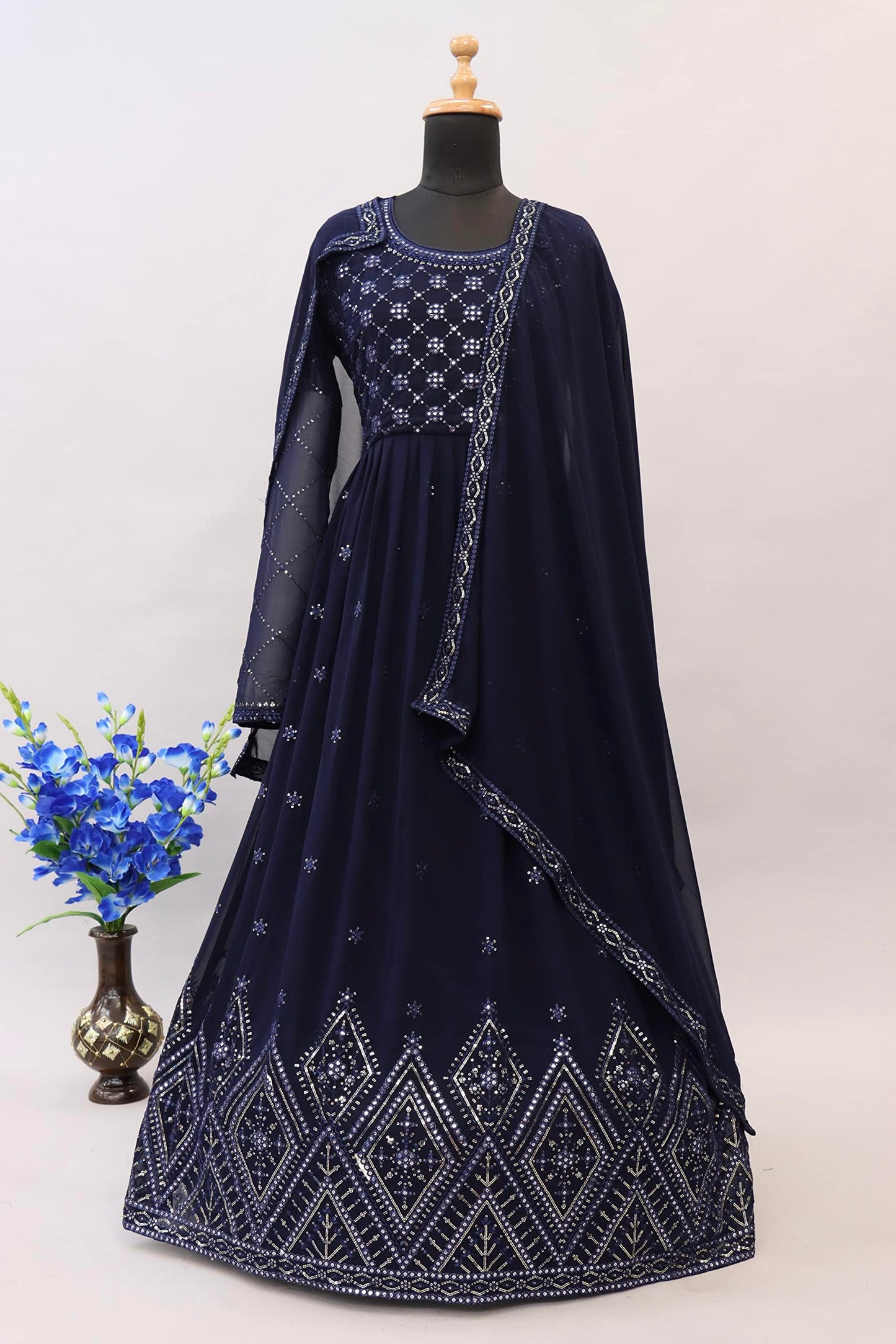 RUDRAPRAYAG Georgette Embroidered Free Size Maxi Anarkali Gown for Women (Navy Blue)
