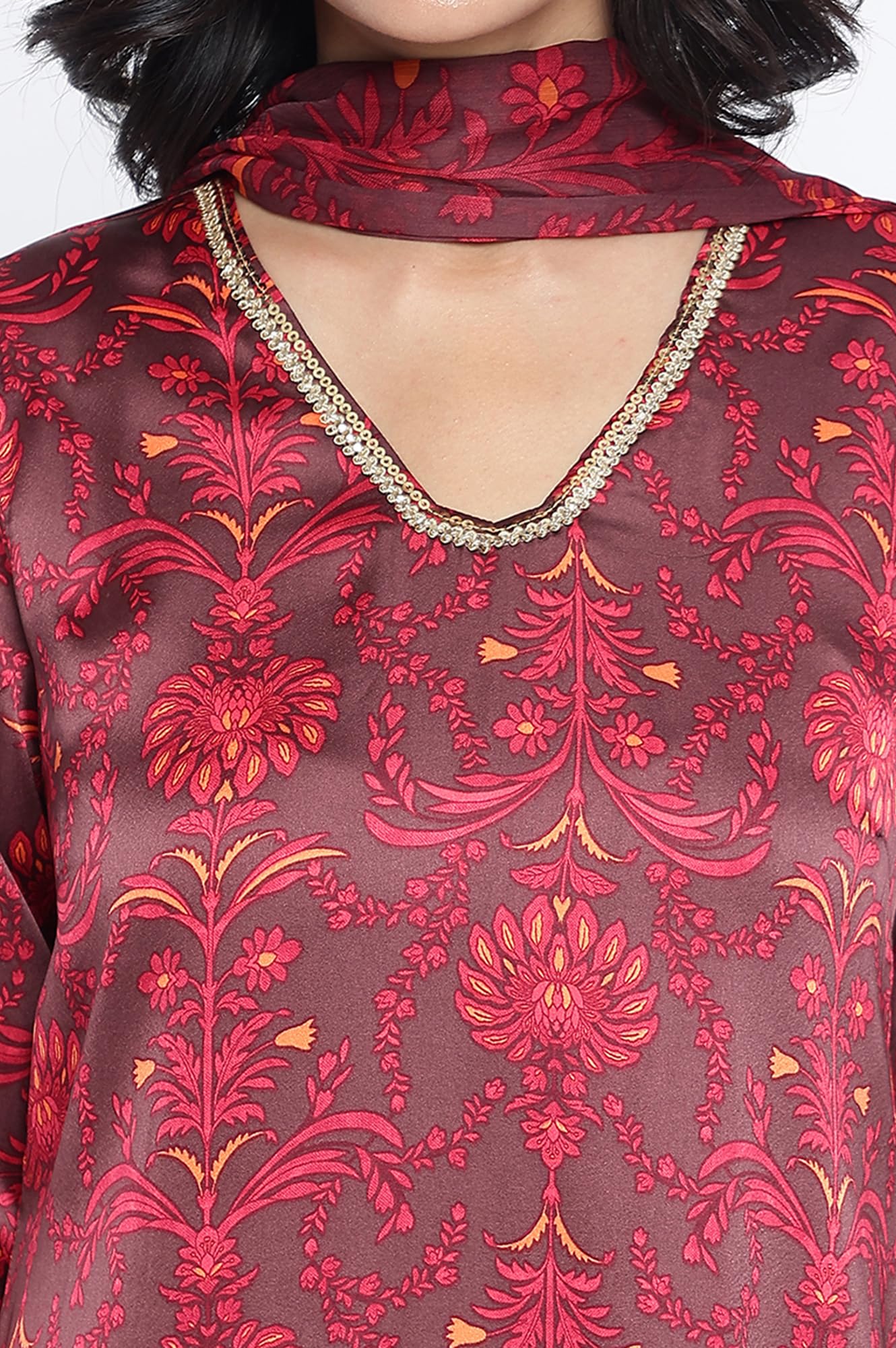 W for Woman Chocolate Brown Printed Japanese Satin A-Line Kurta, Straight Pant and Dupatta Set (Size: XL)-WS13201-126211