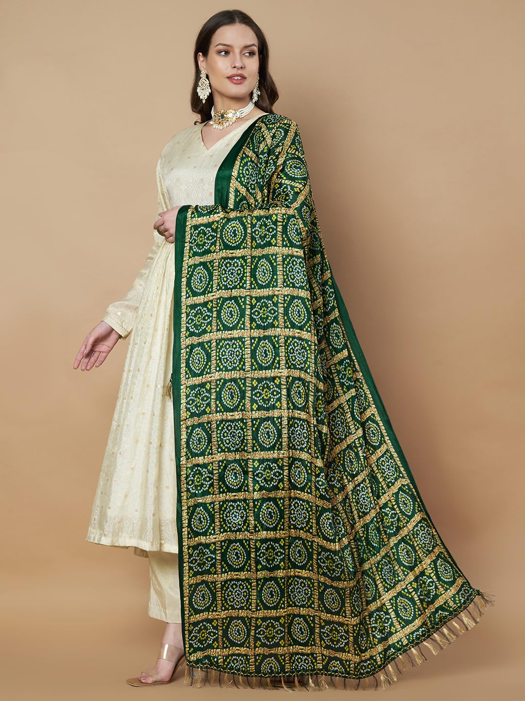 AKSHADEEP Women's Bandhani & Patola Printed Dupatta - Traditional Art Silk Dupattas Chunnis (Green), 2.20 Meters