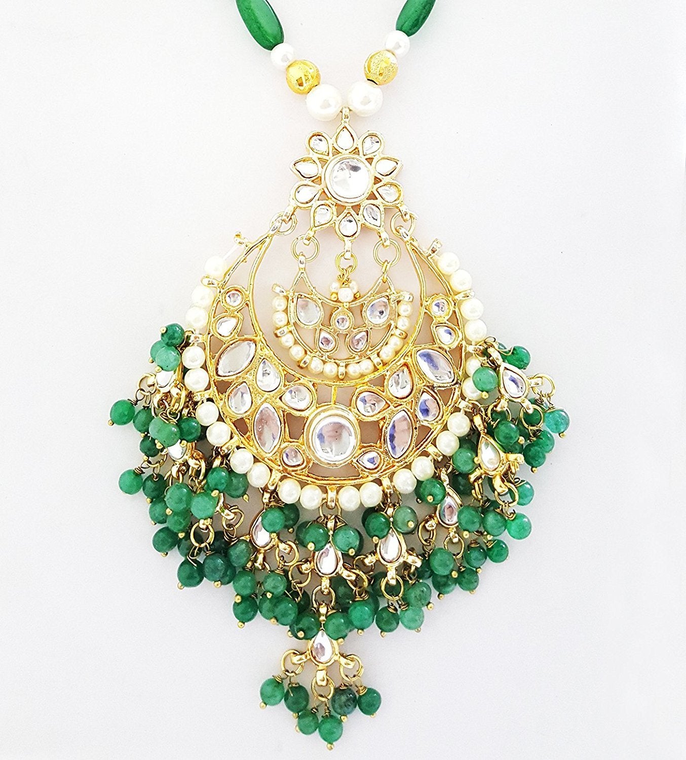 Mehrunnisa Gold Tone Kundan & Green Pearls Pendant Necklace Earrings Set With Simulated Emeralds & Free Kan Chain For Women (JWL1761)