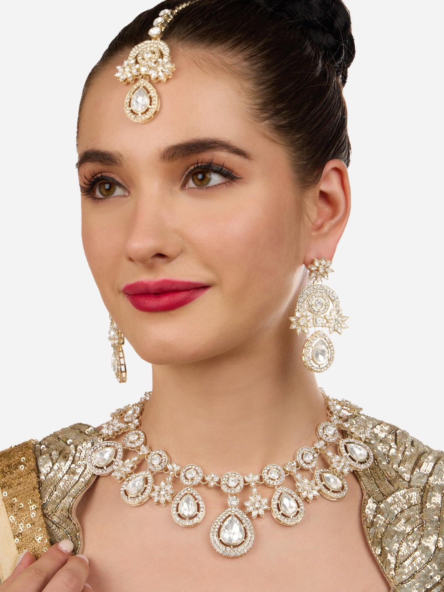 ZAVERI PEARLS Gold Tone Dazzling Stones Austrian Diamonds Necklace Earring & Maangtikka Set For Women-ZPFK18216