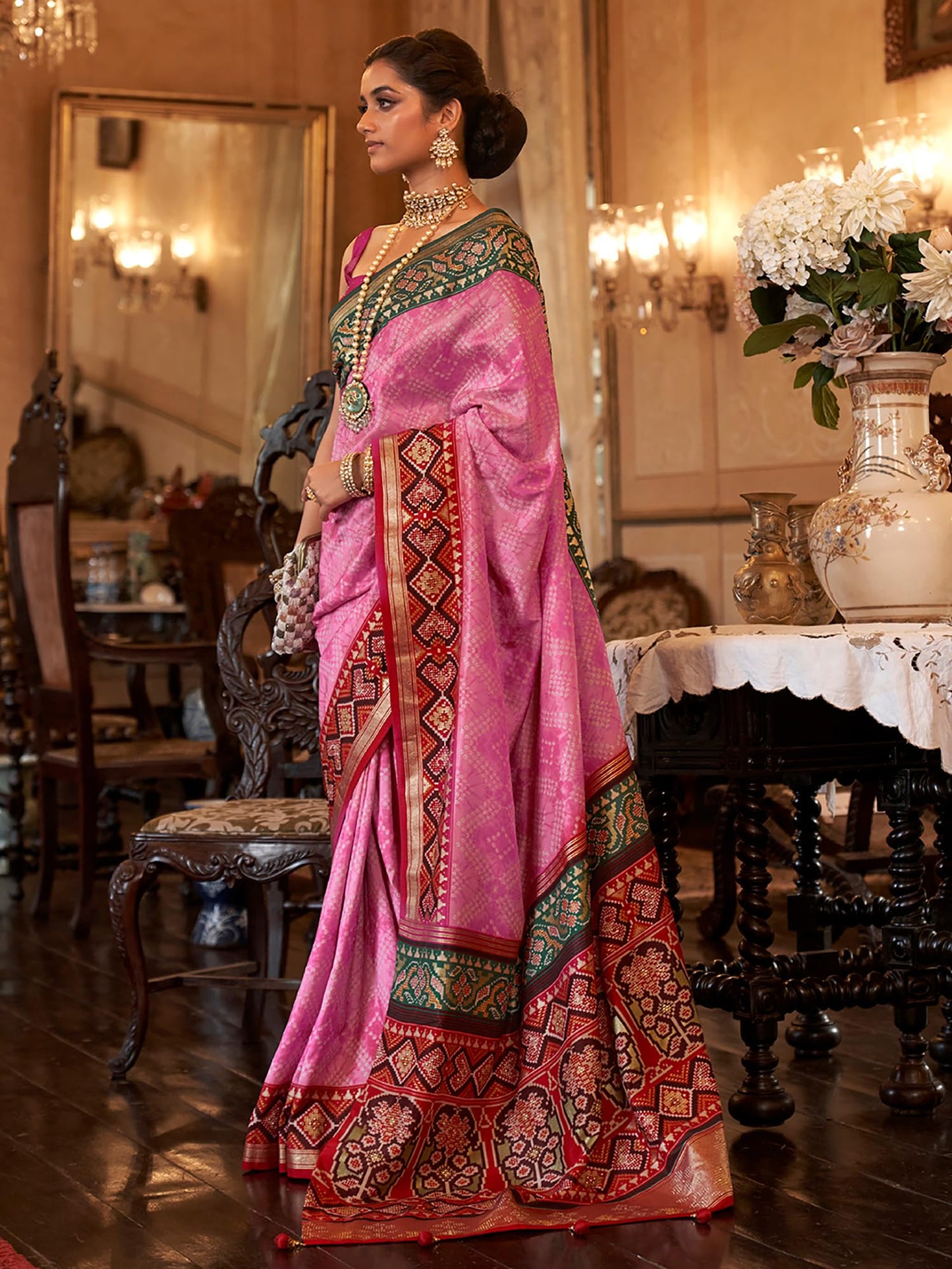 SAREE MALL Women's Embellished Banarasi Silk Saree With Unstitched Blouse Piece (Pink_RJWDIP1103_RW)
