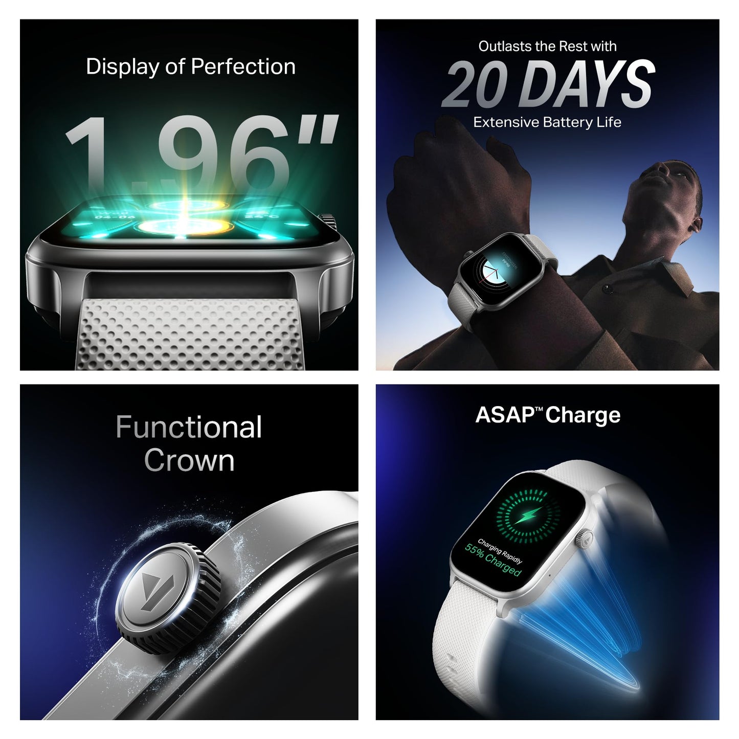 Boat Storm Infinity Plus Smartwatch with 20 Days Battery, ASAP™ Charge, 4.97 cm HD Display, Functional Crown, Multiple Sports Modes, BT Calling, SOS, IP68, Heart Rate & SpO2 Monitor (Cool Grey)