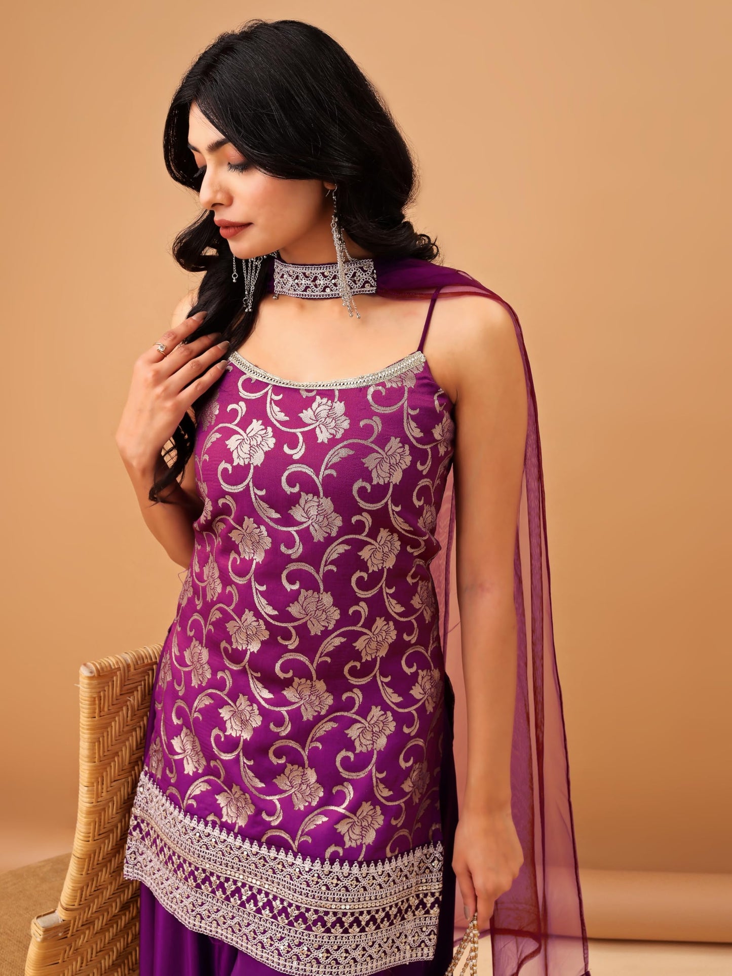 MAVIXA Women's Embroidered Kurta and Sharara with Dupatta | Wedding Suit | Kurta Set | (IN, Alpha, XL, Regular, Purple)