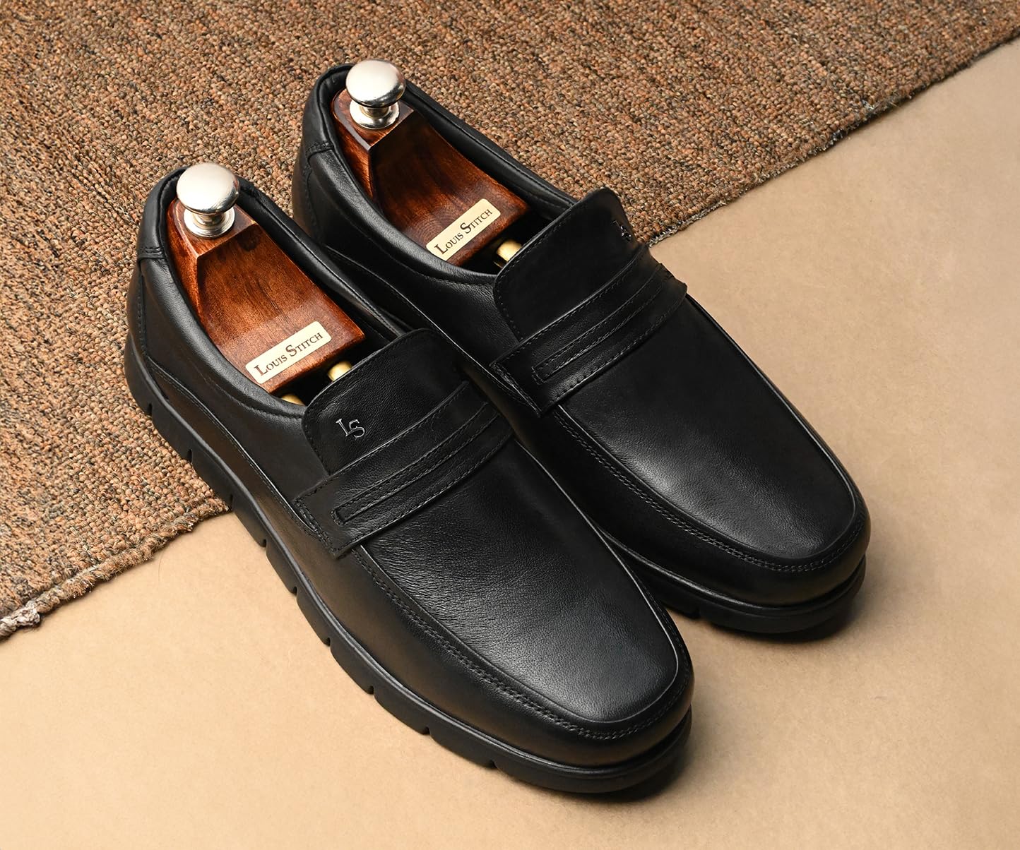 LOUIS STITCH Jet Black Leather Shoes for Men | Lightweight Men’s Formal Shoes | Comfortable Slip-On Moccasins | LSLXMCPL | UK-8