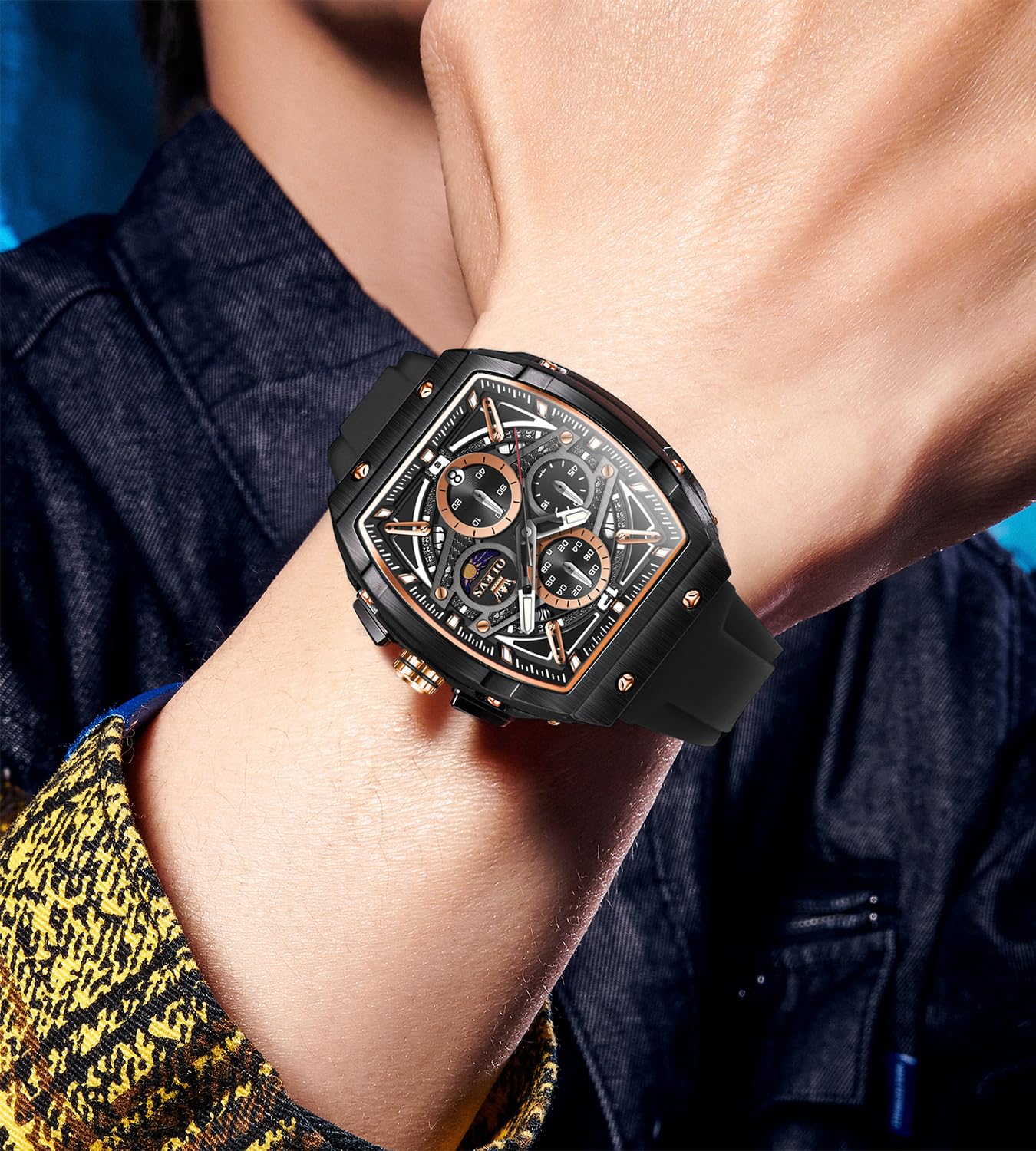 OLEVS Men Watches Business Dress Chronograph Big Square Quartz Analog Male Watch Silicone Strap Waterproof Date Gift Mens Wrist Watch