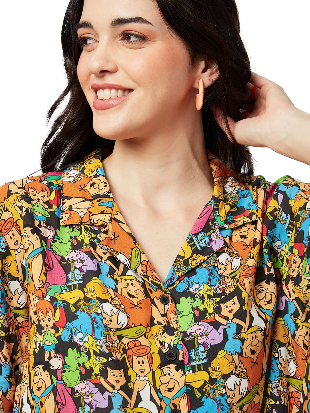 The Souled Store| Official The Flintstones: Gang Womens and Girls Shirts|Half Sleeve|Regular fit Graphic Printed|100% Rayon Black Color Women Hawaiian Shirts