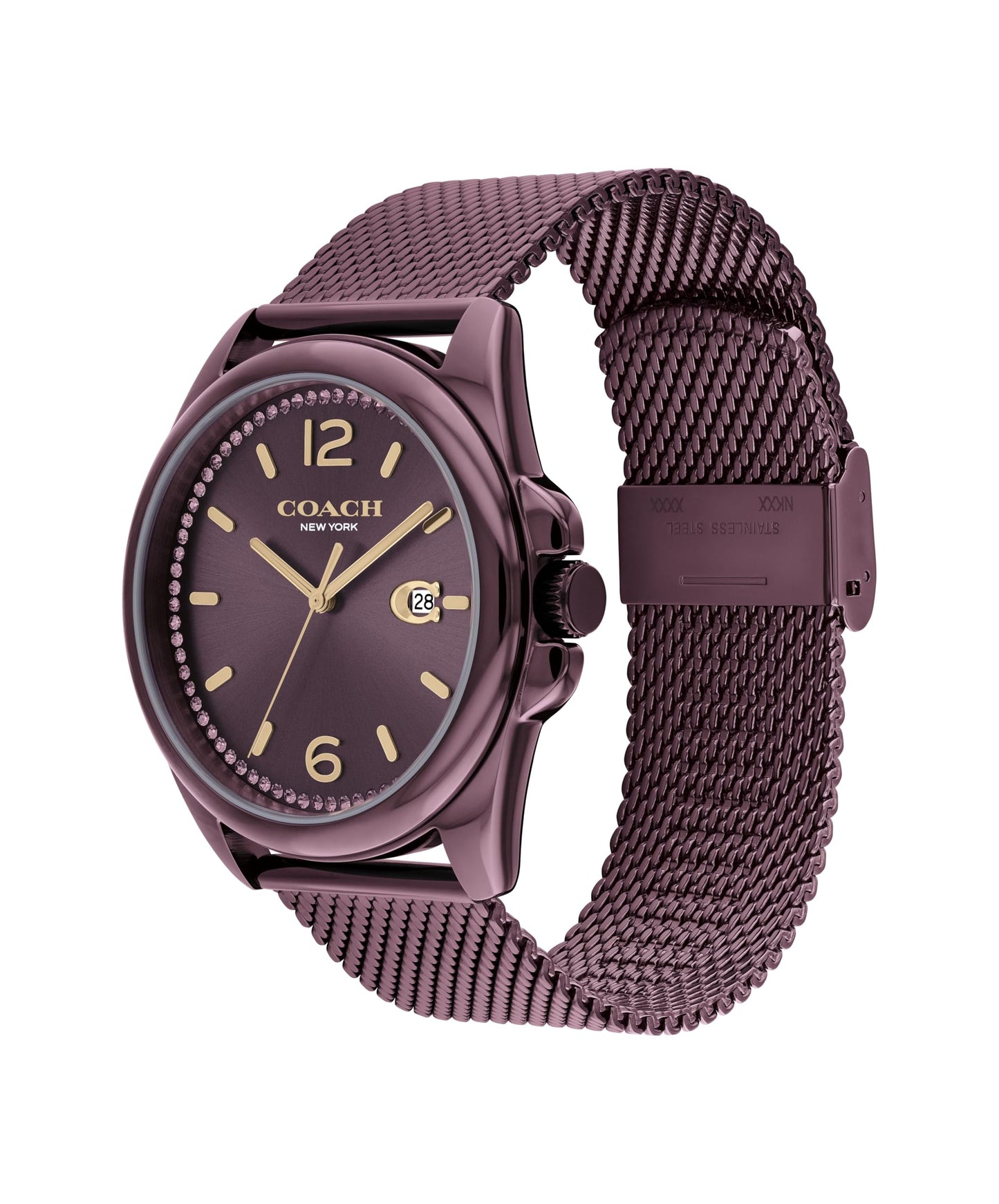 Coach Greyson Qtz Basic Calendar Purple Round Dial Women's Watch|Ionic Plated Purple Steel Material|Purple Color Band - 14504252