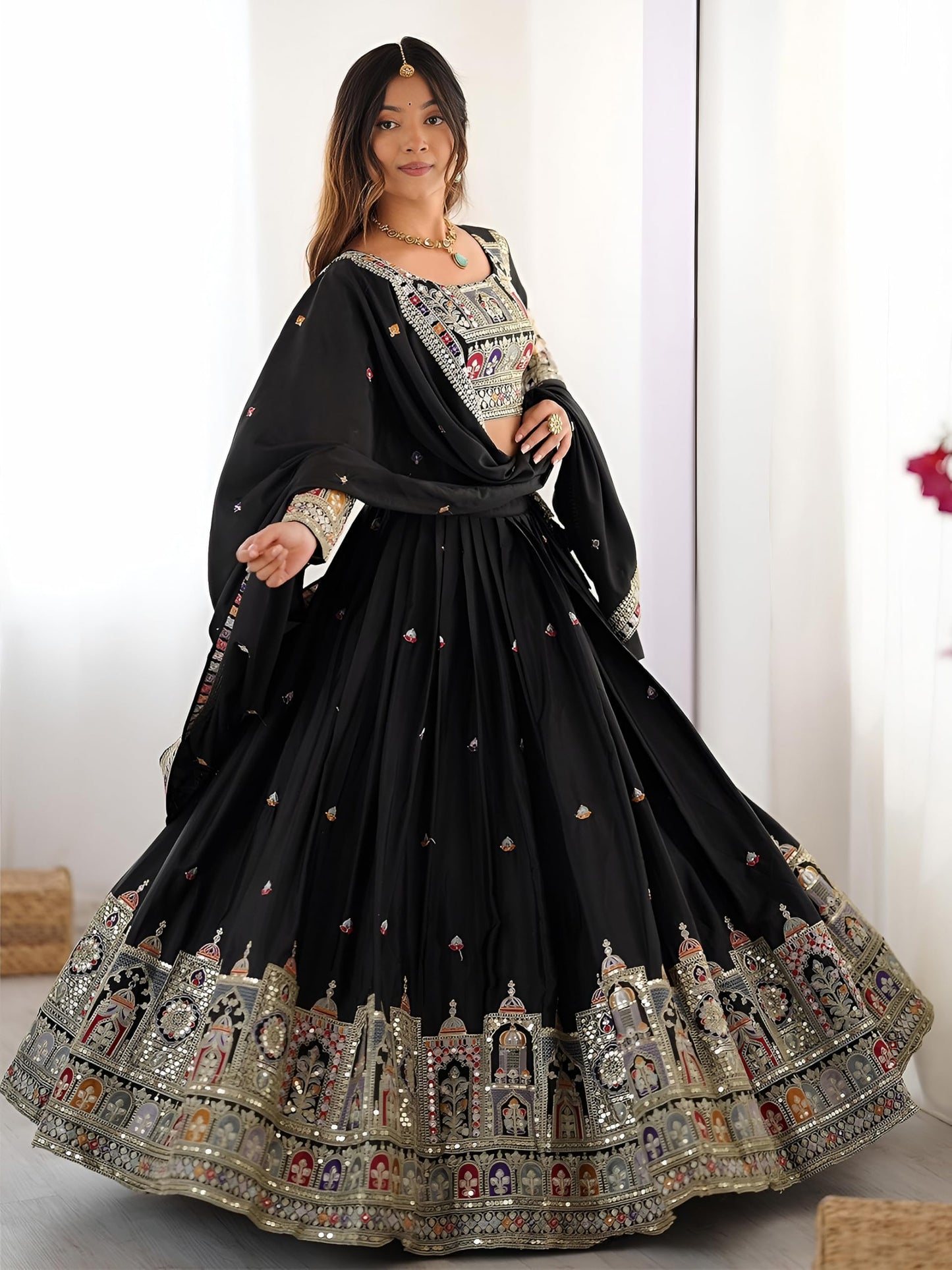 Zeel Clothing Women's Sequins Thread Embroidered French Crepe Lehenga Choli With Dupatta (5118-Black-Women-Lehenga-Choli-Latest; Free size) (Black)