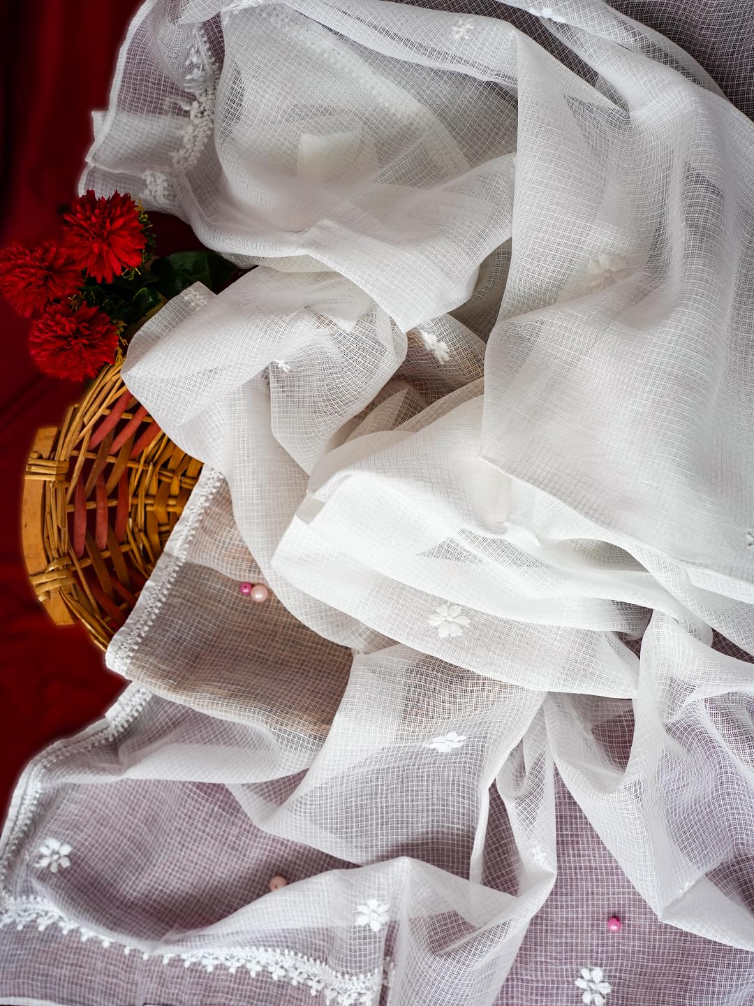 Ada Hand Embroidered Lucknow Chikankari White Cotton Blend Dupatta Stole for Women A511111