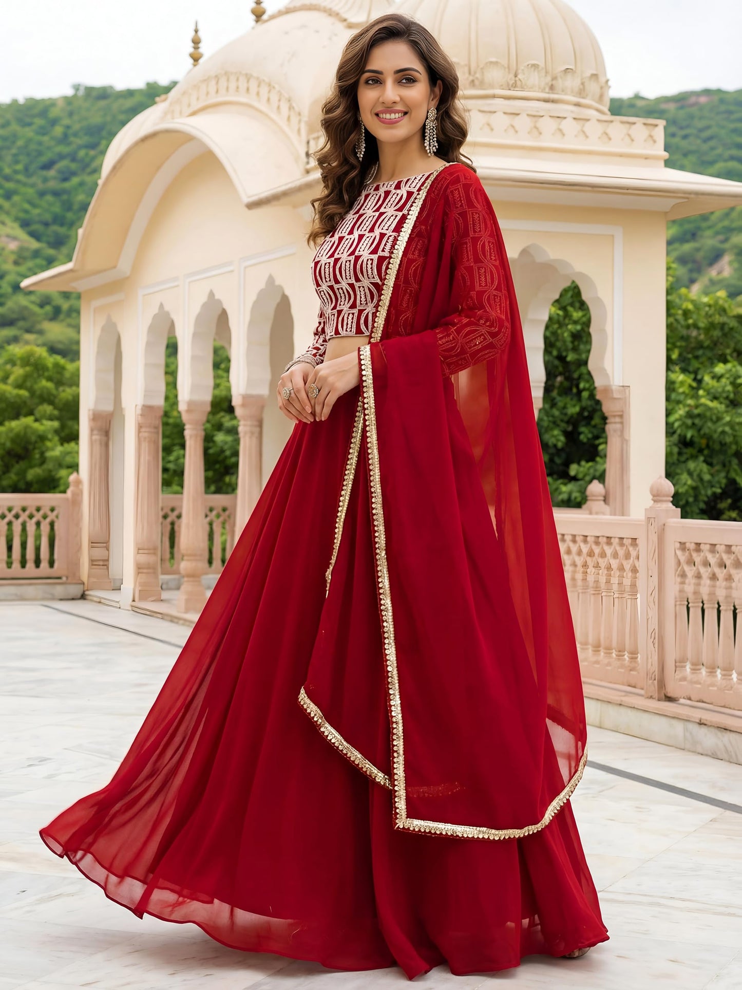 Zeel Clothing Women's Chikankari Sequins Embroidered Georgette Lehenga Choli with Dupatta (5050-Red-Women-New-Lehenga-Choli; Free Size)