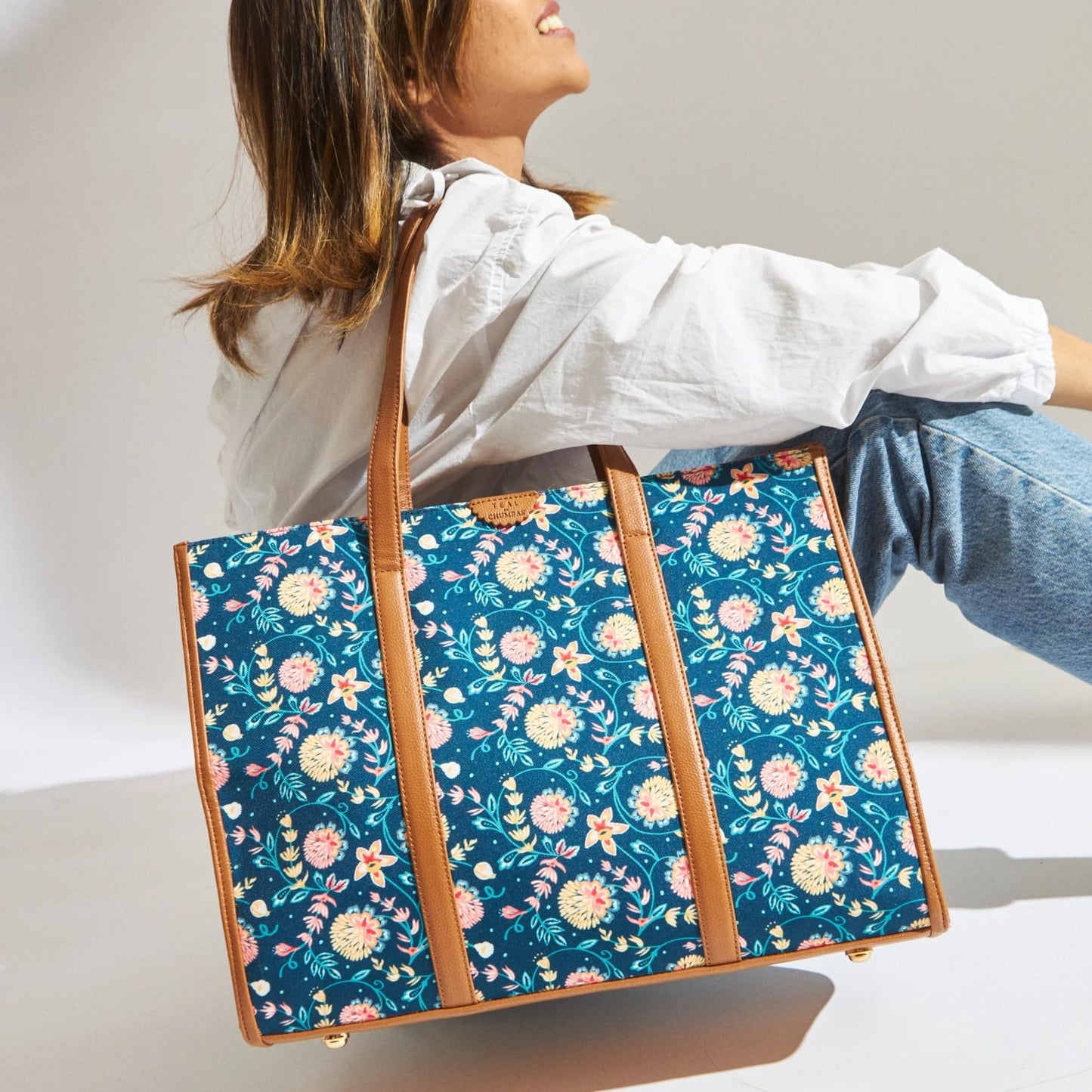 TEAL BY CHUMBAK Women's Office Tote Bag, Printed Canvas Shoulder Bag for College, Work and Travel, Stylish and Durable with Laptop Compartment