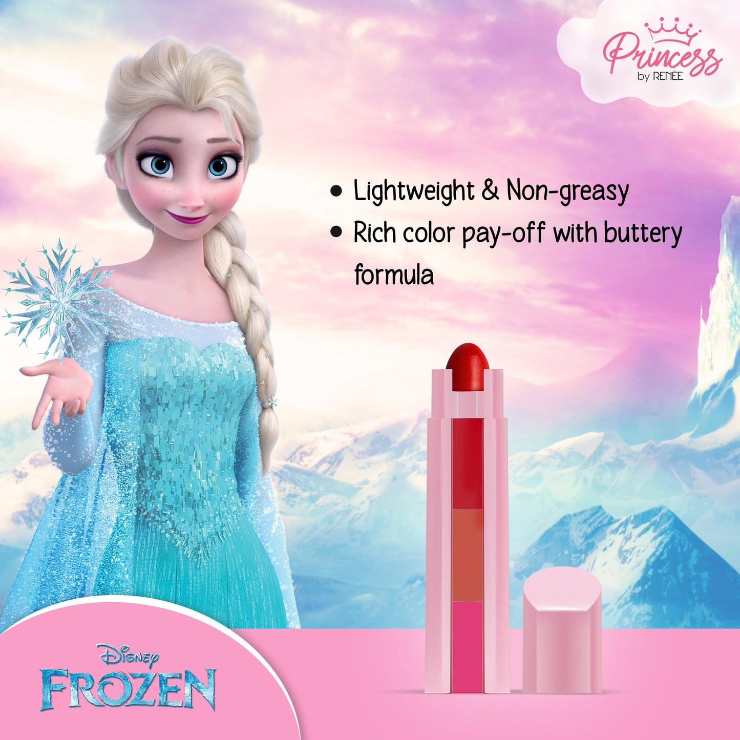 RENEE Disney Frozen Princess By Candy 3-In-1 Tinted Matte Lipstick Elsa For Pre-Teen Girls - 3 Versatile Shades In One Stick With No Parabens - Dermatologically Tested, Peta Certified 4.5G