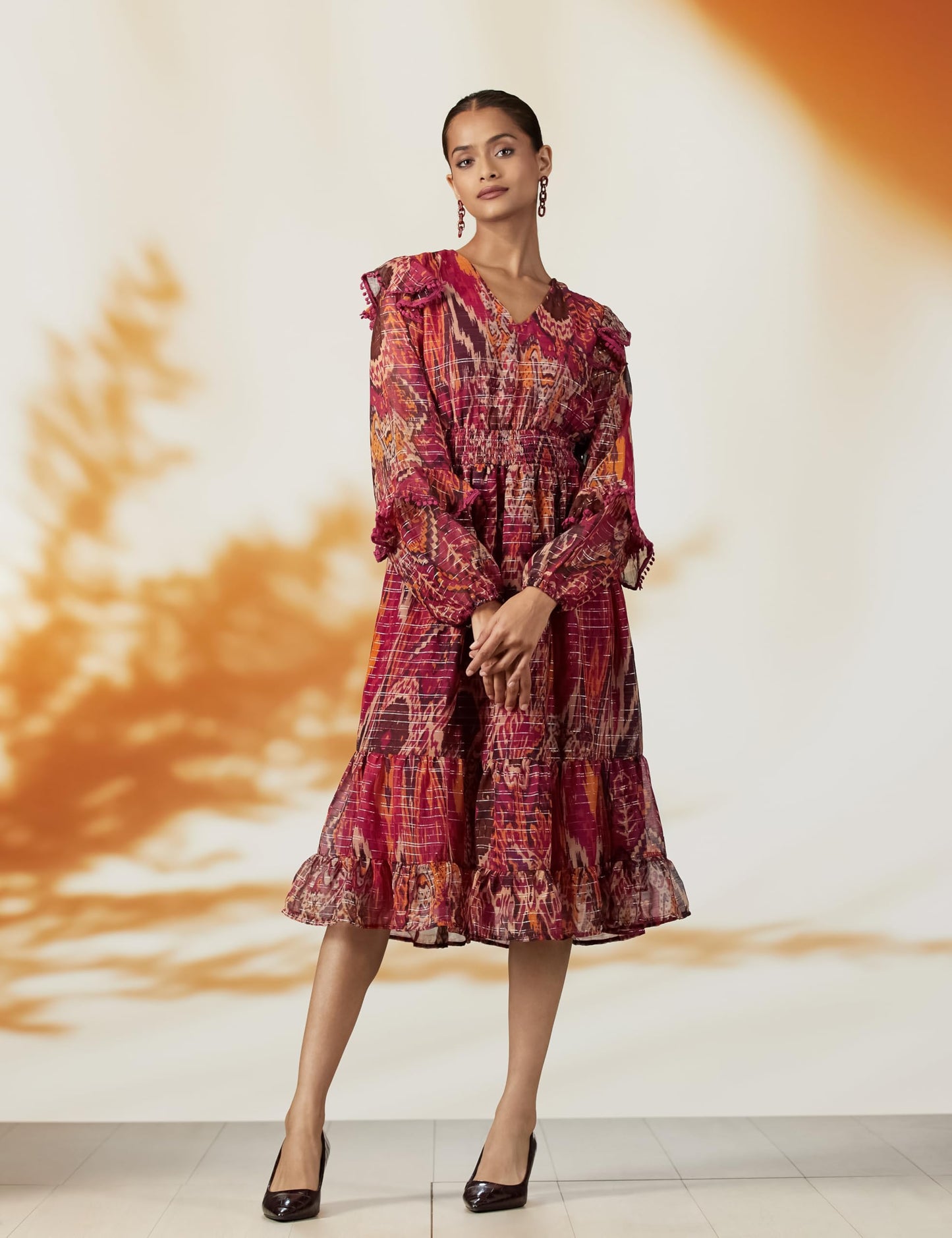 ONLY Women Abstract Printed Casual Maroon Midi Dress