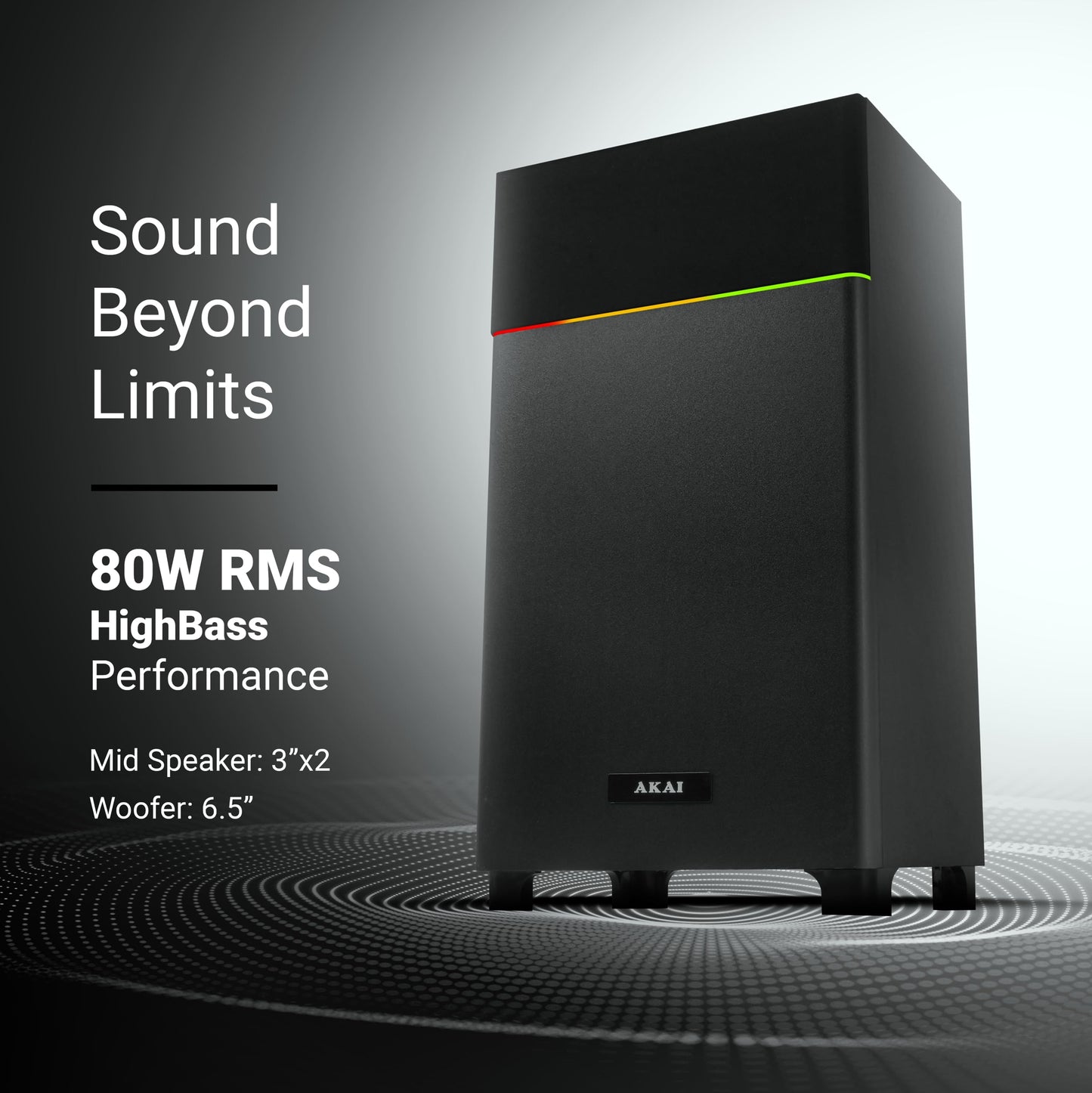 AKAI UltraBoom-80 Bluetooth Party Speaker with Mic, 80 Watts High Bass, LED Lights, Home Theater Music System, Karaoke MIC Speaker, HDMI (ARC), AUX, USB, FM, Remote, Surround Sound for TV & Events