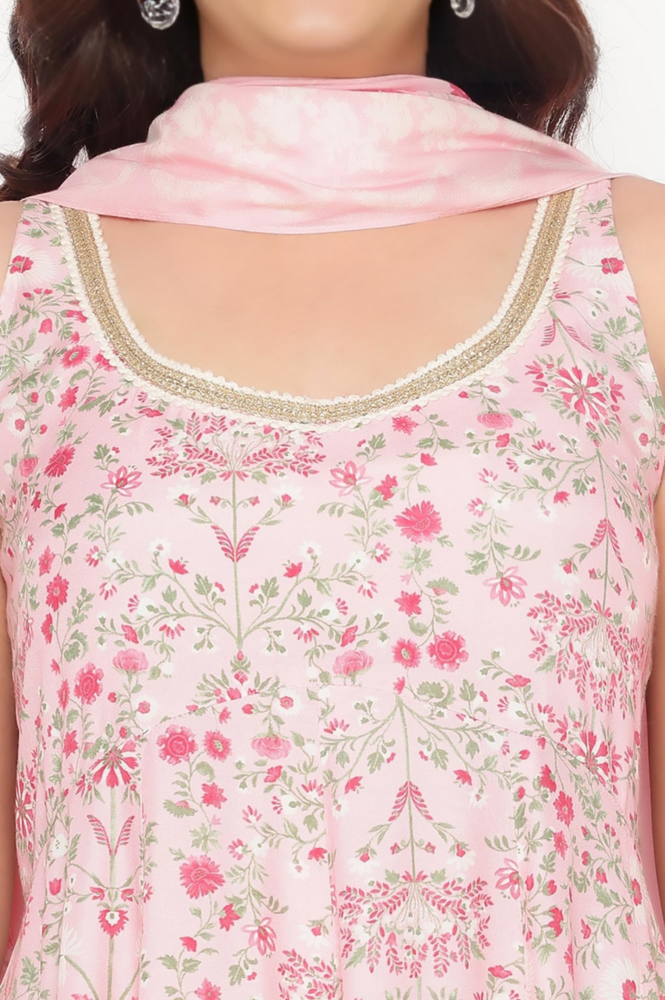 W for Woman Rose Pink Printed Shantung Flared Kurta, Parallel Pant and Dupatta Set (Size: XXL)-WS13091-126506