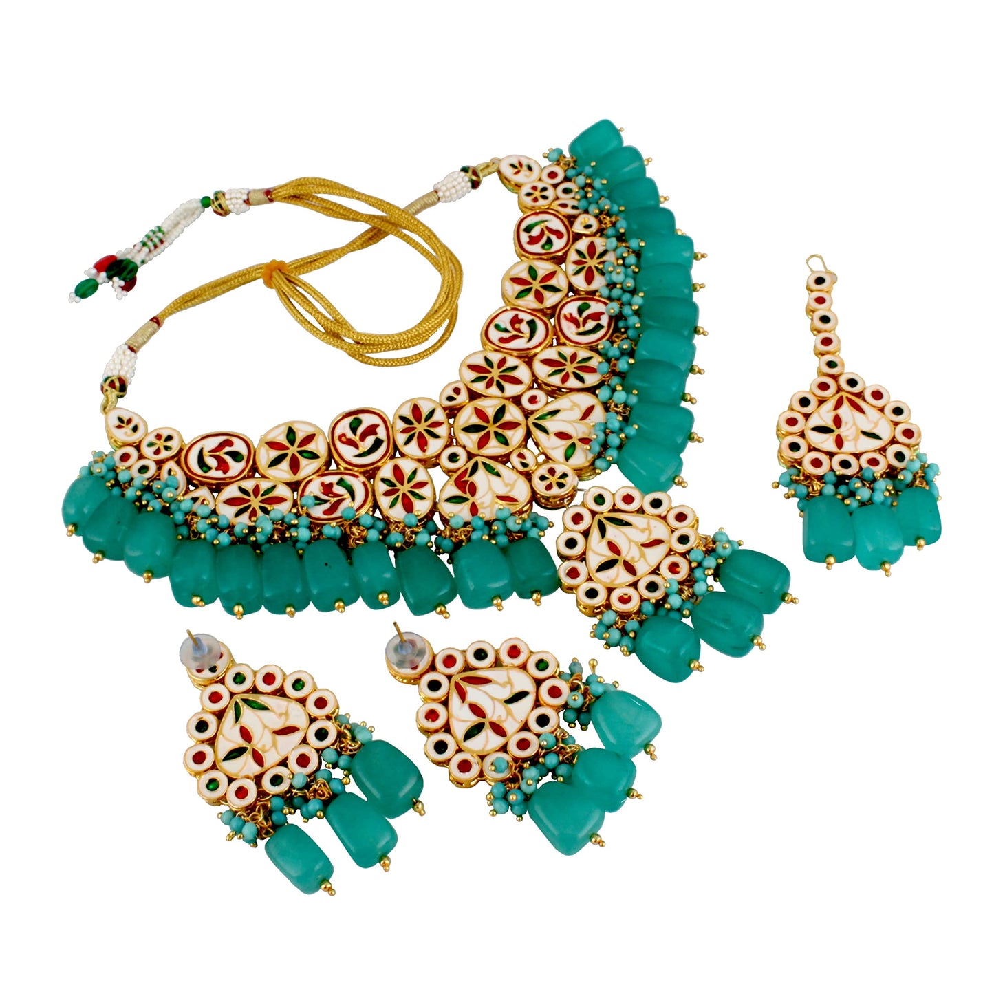 Lucky Jewellery Meenakari 18K Gold Plated Turquoise Blue Pentagon Shape Uncut Kundan Combo Necklace Set For Women