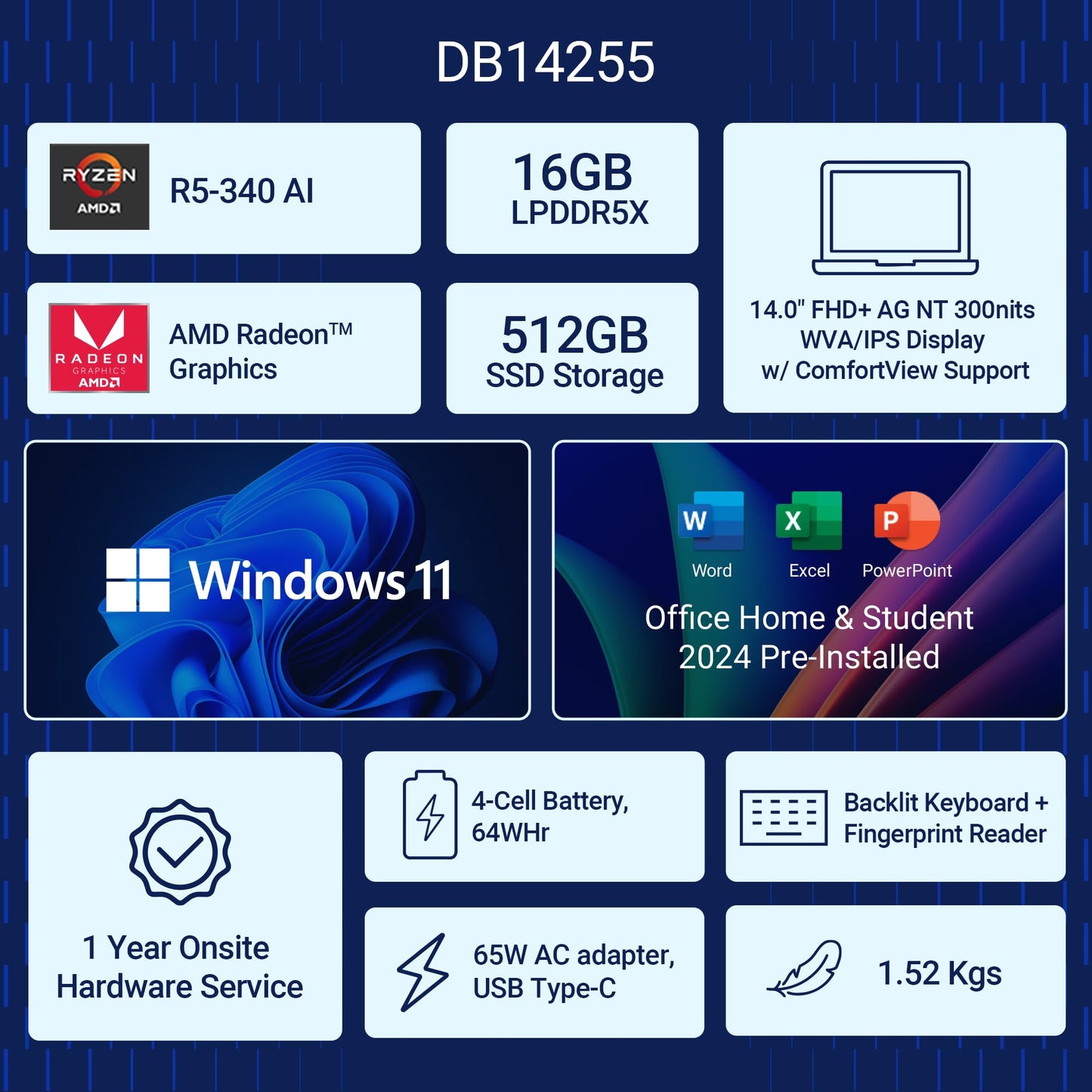 Dell 14, AMD Ryzen AI R5-340 Processor, 16GB LPDDR5X, 512GB SSD, FHD+ 14"/35.56 cm, Win11+MSO 2024, Ice Blue, 1.52 Kg, 300 Nits IPS Display,AMD Radeon Graphics, Backlit+FPS Keyboard, AI Powered Laptop
