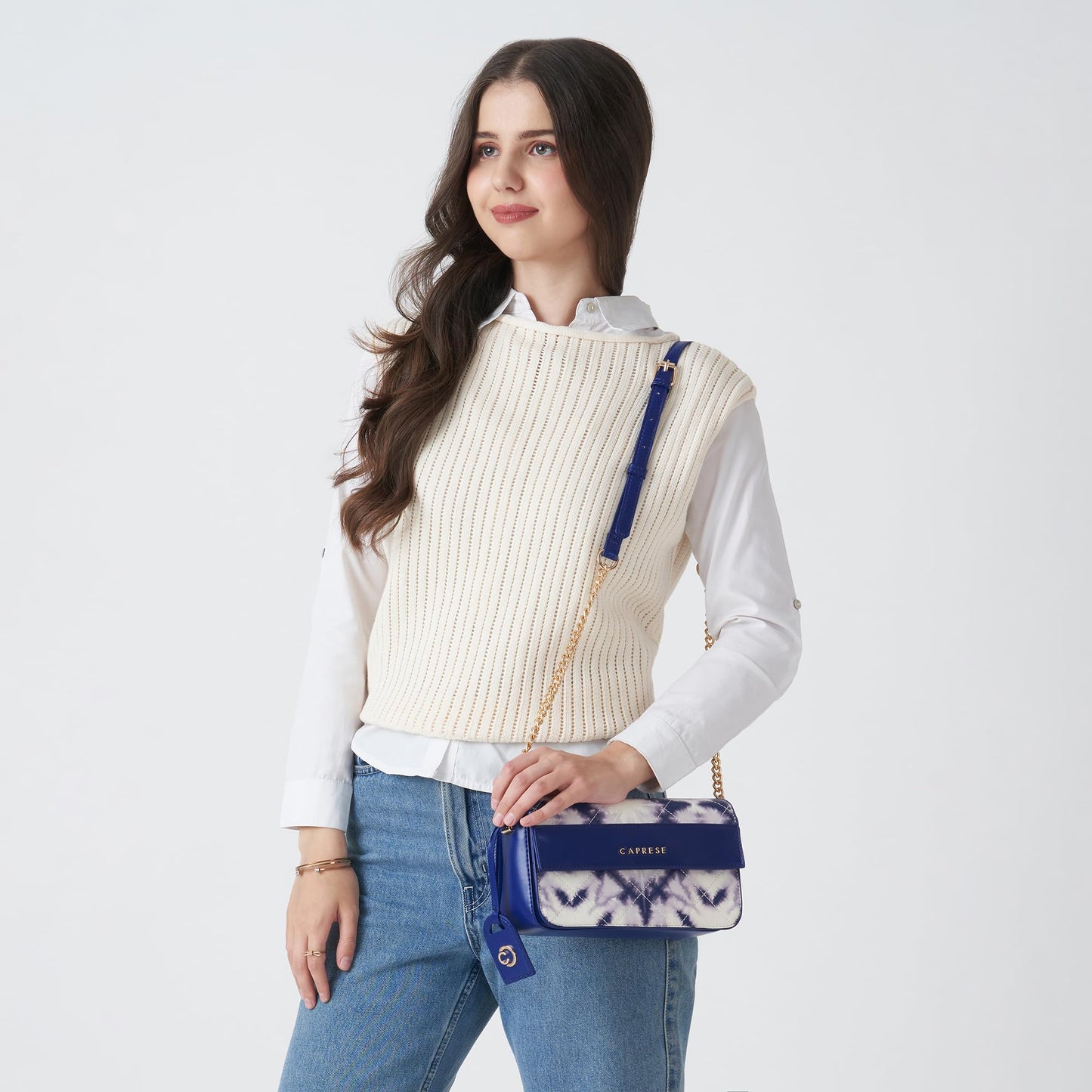 Caprese Shibori Medium Sling Bag for Women with Adjustable & Detachable Strap | Printed Faux Leather Shoulder Bag with Multi-Compartments | Zipper & Magnetic Button | Detachable Charm (Blue)