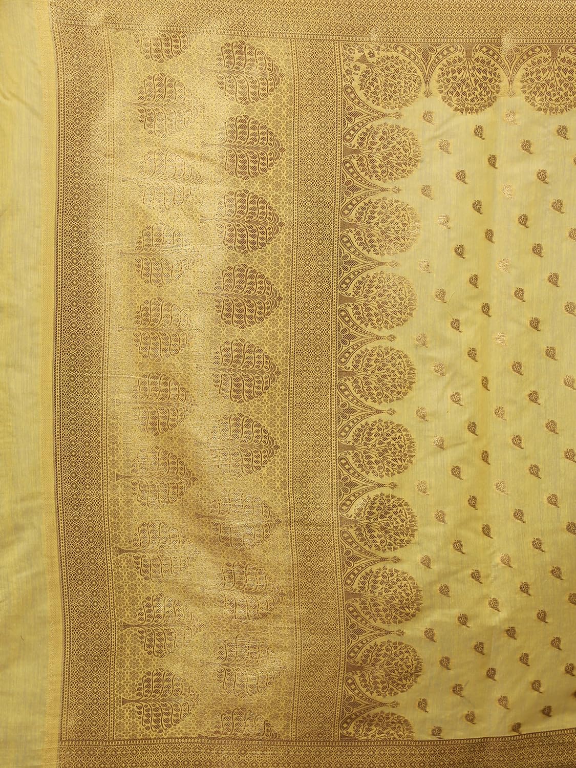 leeza store Women's Yellow Cotton Silk Blend Golden Zari Tree Pattern Border Rich Pallu Banarasi Saree With Blouse Piece