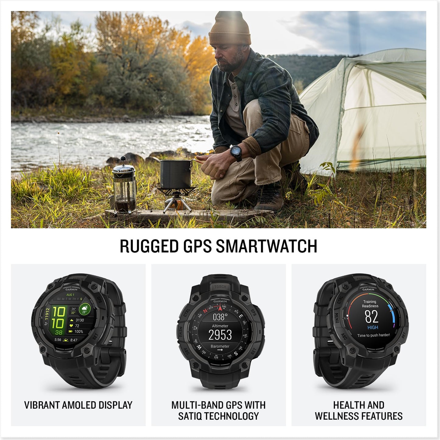 Garmin Instinct® 3 45mm, AMOLED Display, Rugged Outdoor GPS Smartwatch, Metal-Reinforced Bezel, Built-in Flashlight, Up to 18 Days of Battery Life, Black