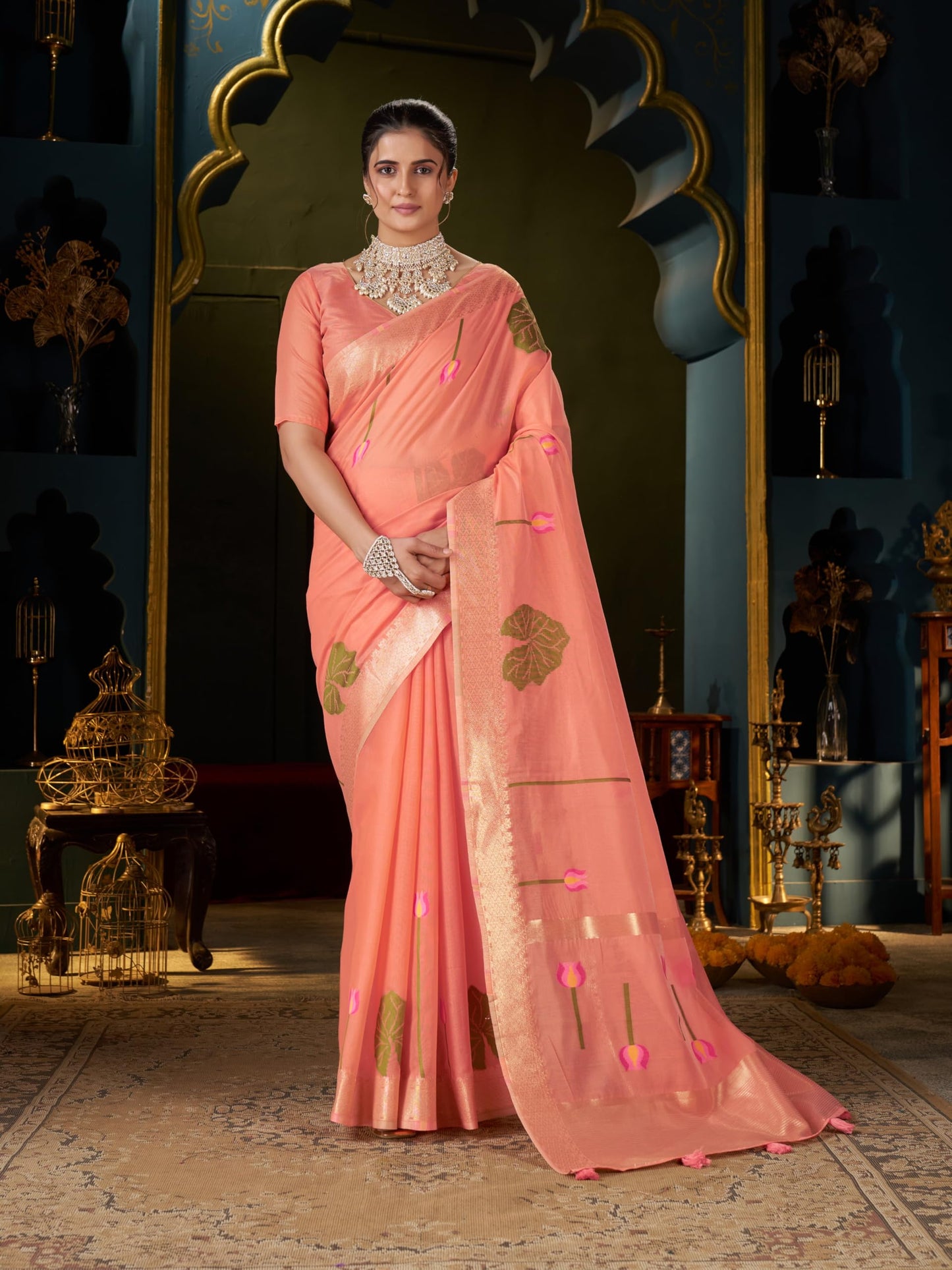SWORNOF Women's Cotton silk saree for Patola festival Wedding silk with blouse piece (ORANGE1)