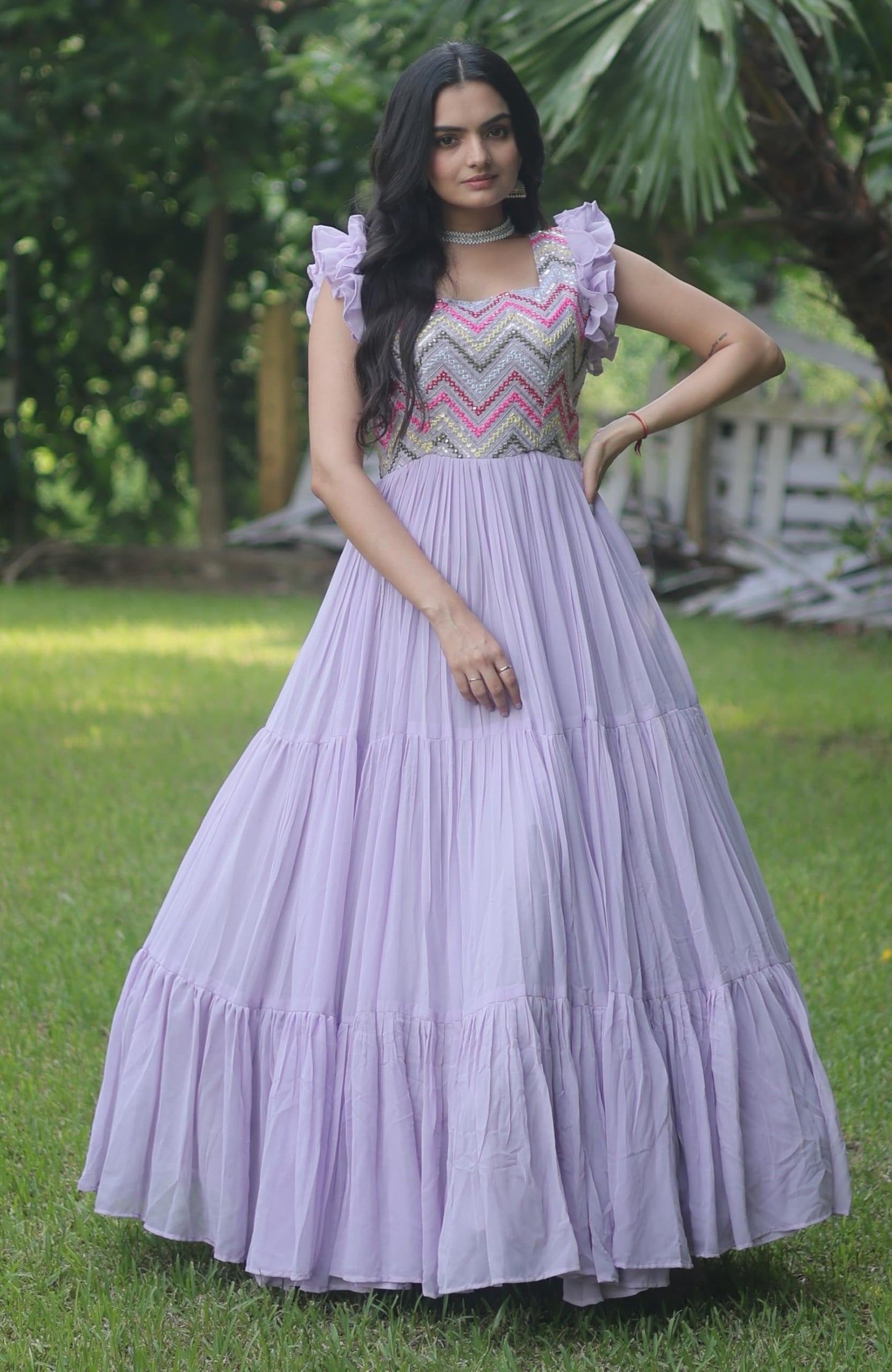 Fashion Basket Grey Faux Georgette Embroidered Anarkali Gown for Women (X-Large, Purple)