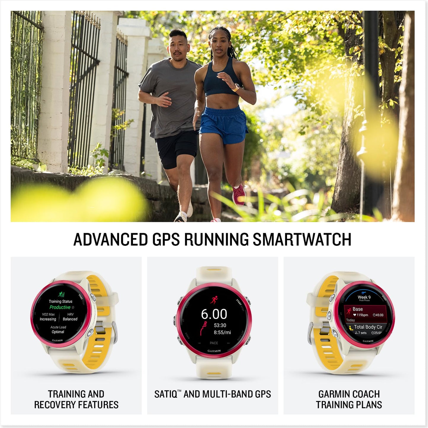 Garmin® Forerunner® 570, 42mm, Advanced GPS Running and Triathlon Smartwatch, AMOLED Display, Training and Recovery Features, Raspberry Aluminum with Translucent Bone/Mango Band