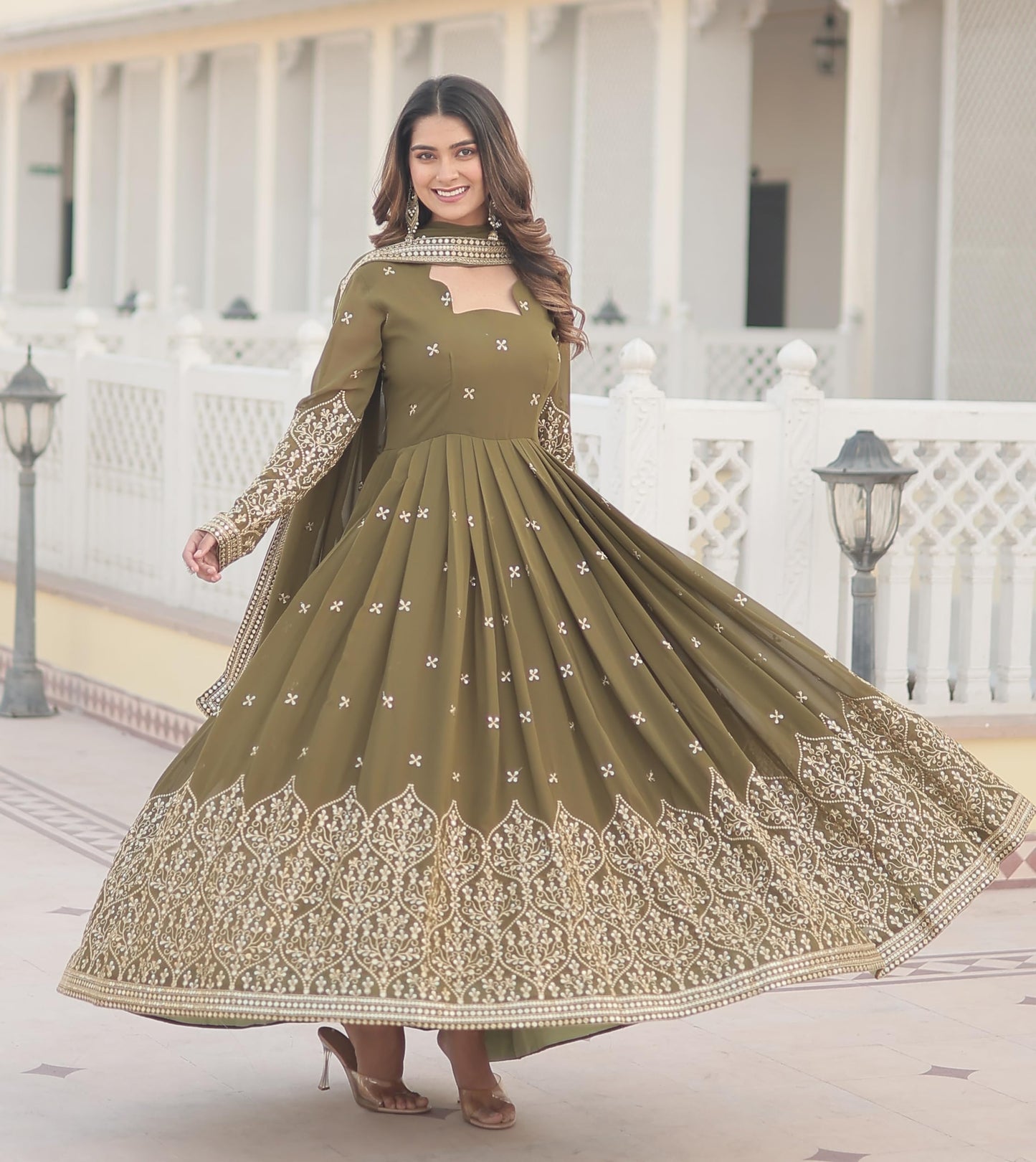 Fashion Basket Goergette Kurta with Duptta Olive
