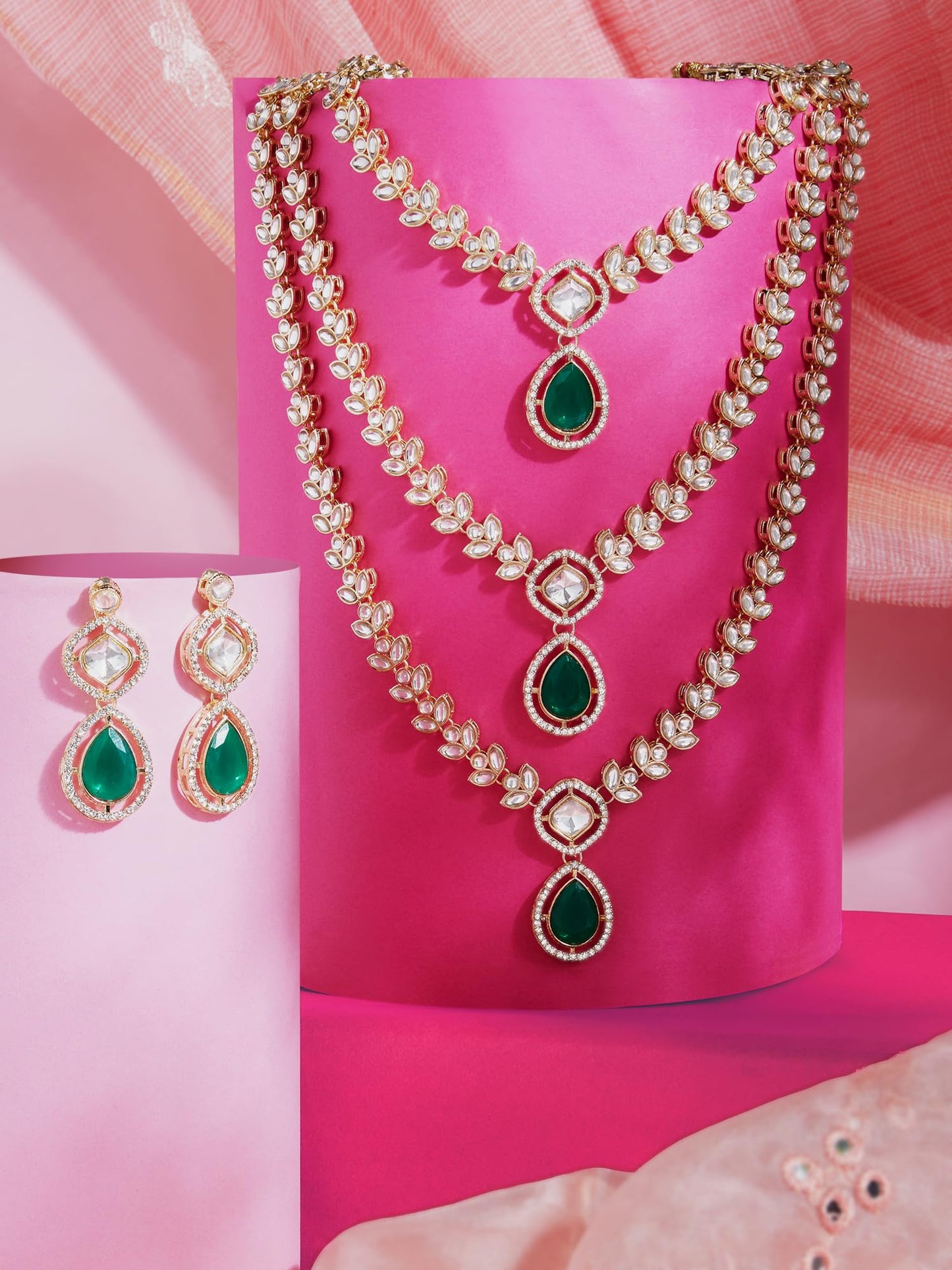 ZAVERI PEARLS Green Dazzling Stones Austrian Diamonds Embellished Layered Necklace & Earring Set For Women-ZPFK18891