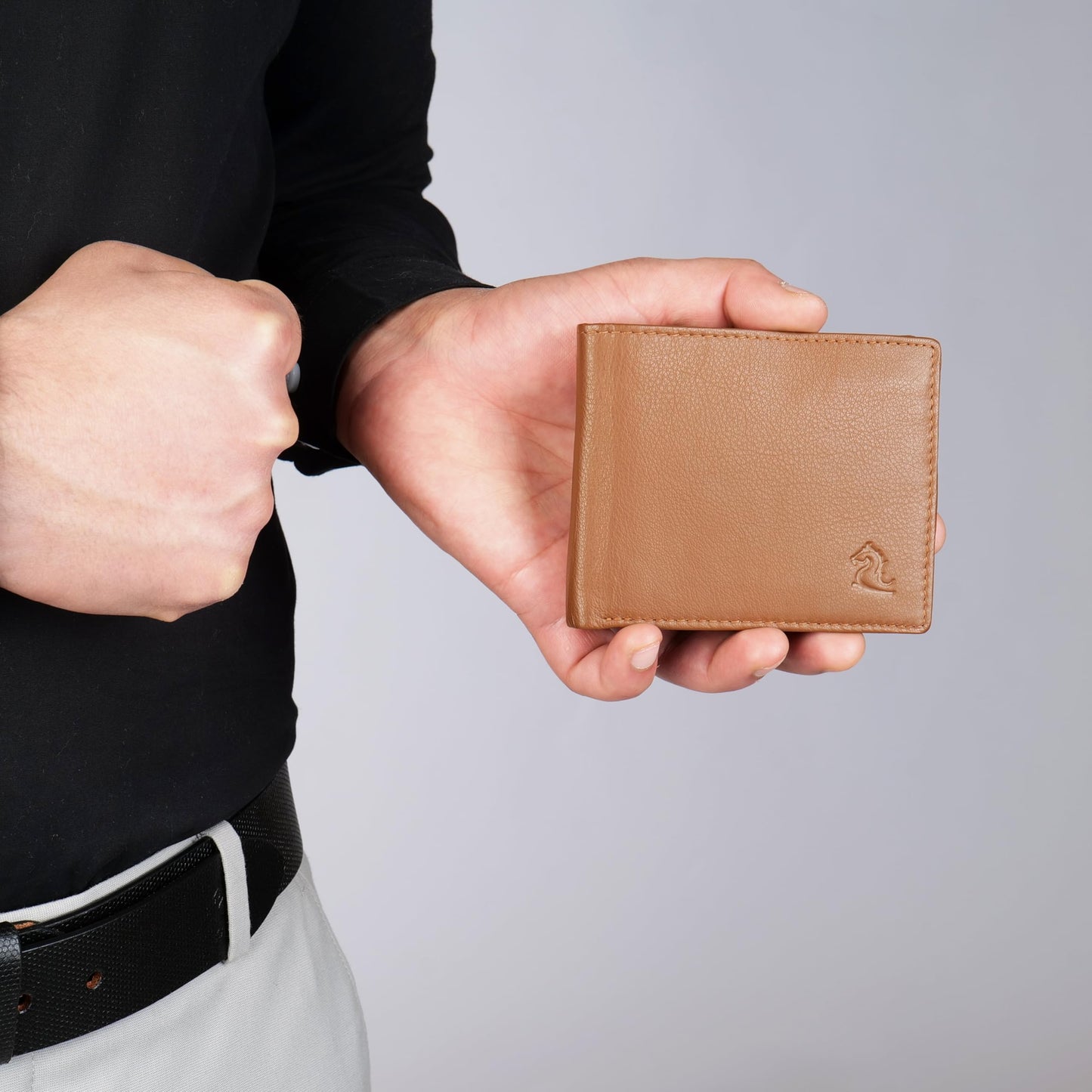 KARA Tan Men's Genuine Leather Wallet – Bifold, 2 Cash Compartments, Coin Pocket, 10+ Card Slots, Hidden & Transparent Flip Sections