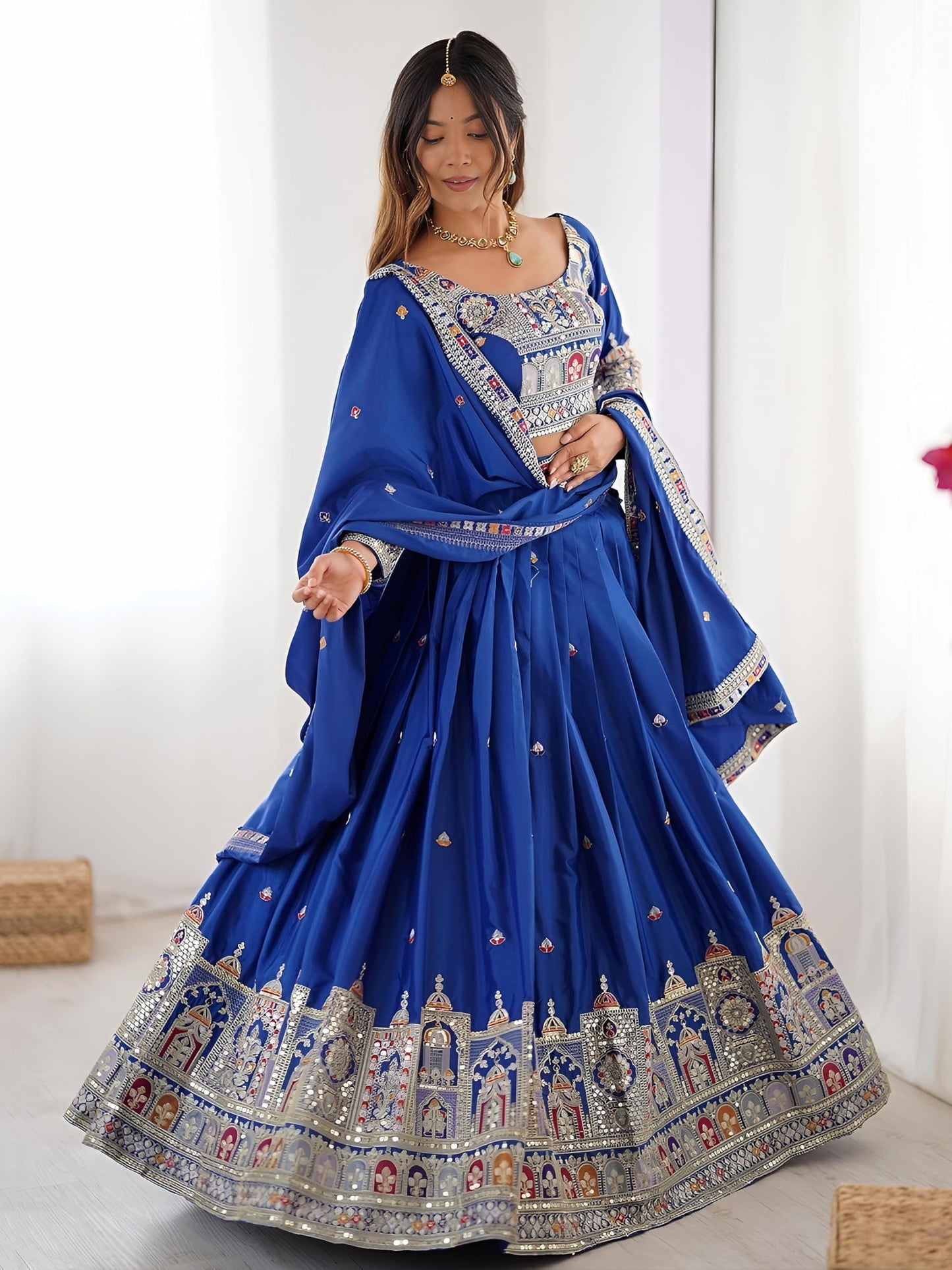 Zeel Clothing Women's Sequins Thread Embroidered French Crepe Lehenga Choli With Dupatta (5118-Royal-Blue-Women-Lehenga-Choli; Free size) (Royal Blue)