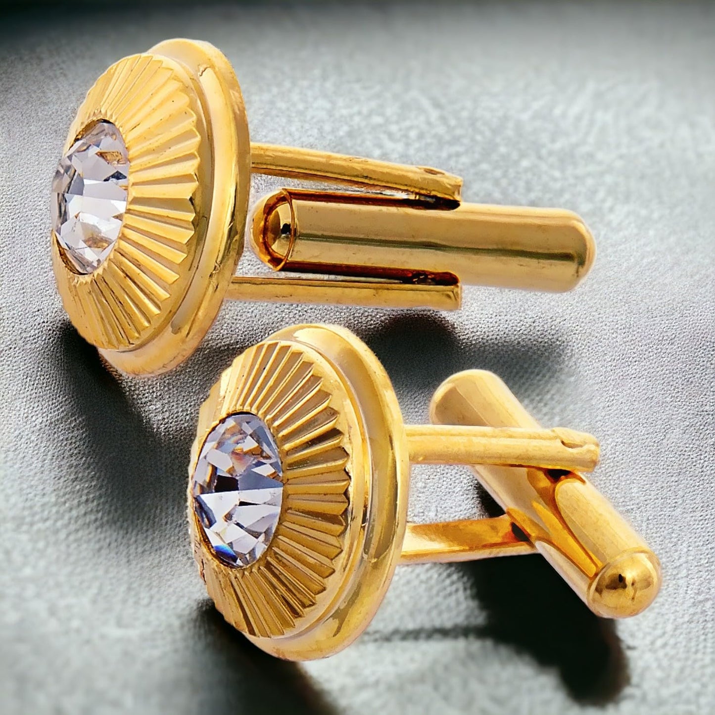 Lucky Jewellery Unique Men Jewelry White Color Stone Gold Plated Sleeve Button Formal Cuff Button Wedding Shirt Button, Suit, Blazer Cufflinks Pair Gift Set For Men (189-M4C4-STTM40RD-W)