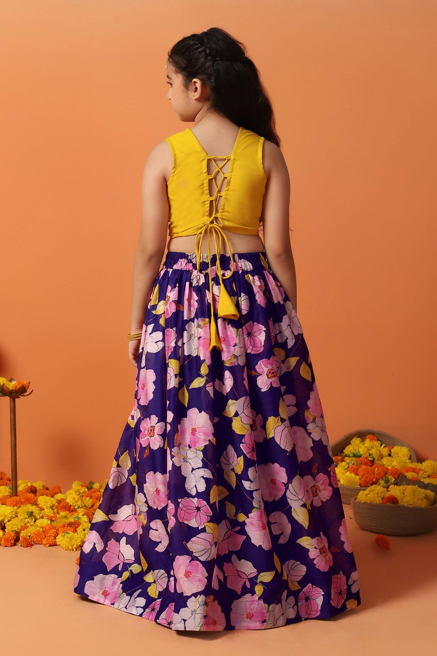 Fashion Dream Girl's Chanderi Silk Printed Lehenga Choli Set|Lehenga Set for Girls|Ethnic Wear for Kids Girls|Lehenga for Kids|Chaniya Choli for Girls (FDGLGC00178 MST 18_Mustard_2-3 Years)