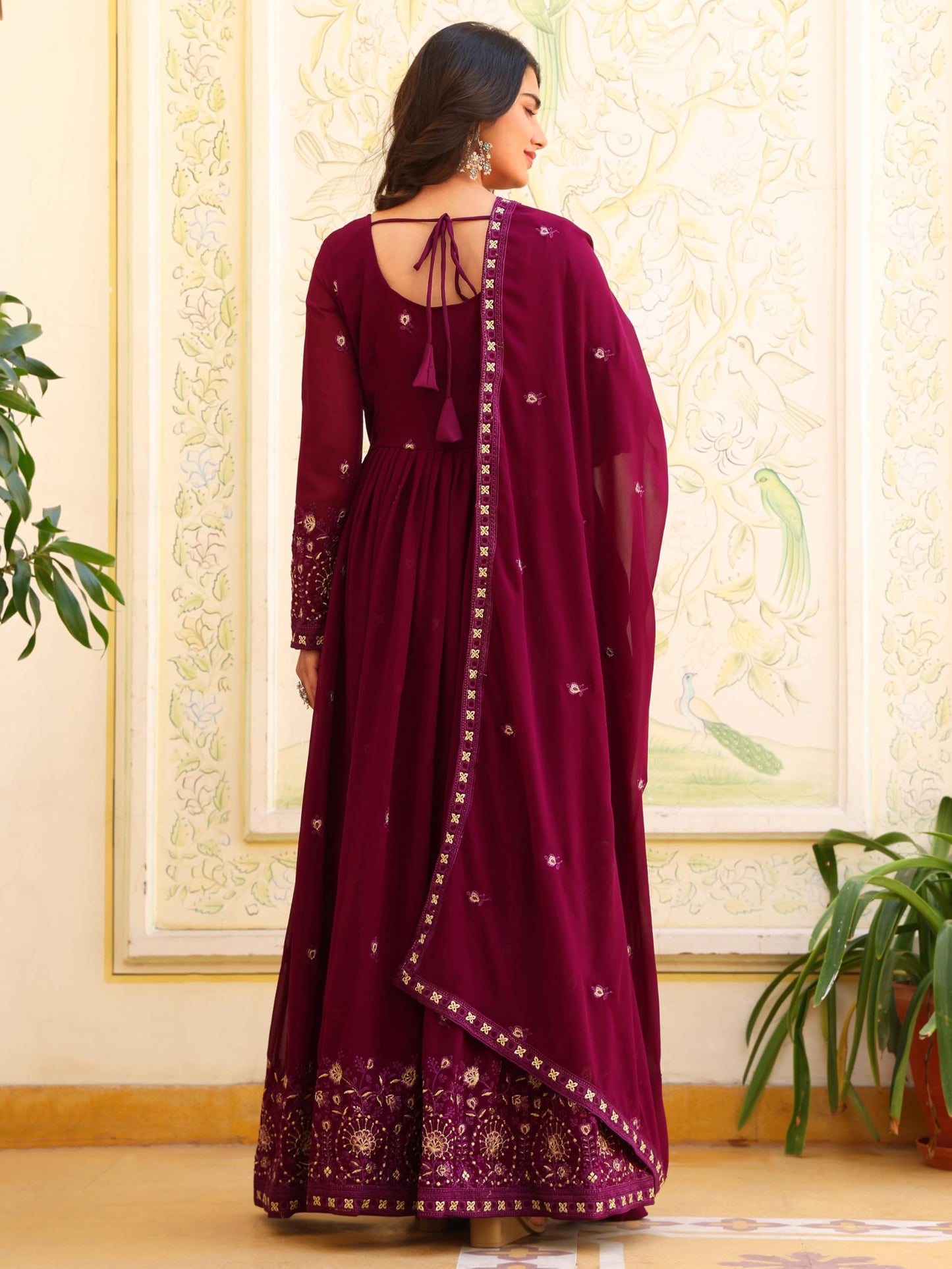 Fashion Basket Georgette Embroidered Anarkali Dress for Women Purple