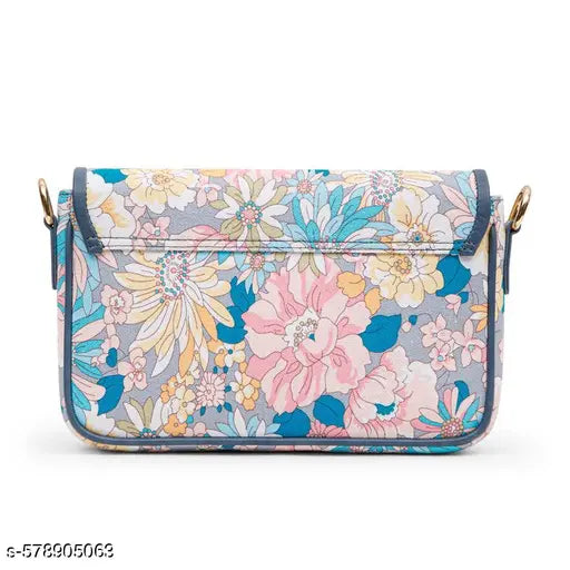 Berrylush Women Blue & Pink Floral Printed Cotton Detachable Sling Strap Structured Shoulder Bag