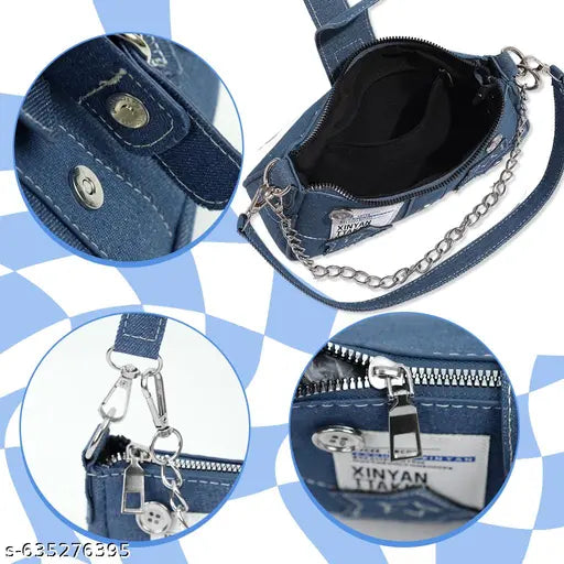 Chic Canvas Shoulder Bag for Girls with Chain Charm Small Hobo Bag Y2K Star Patchwork Handbag Blue