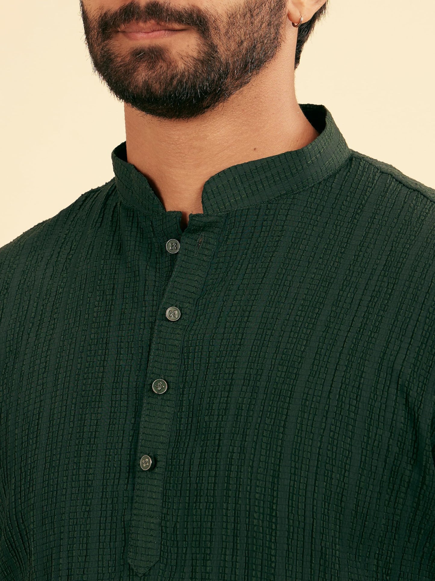 Manyavar Men's Spandex Textured Short Kurta (Dark Green,XXL)